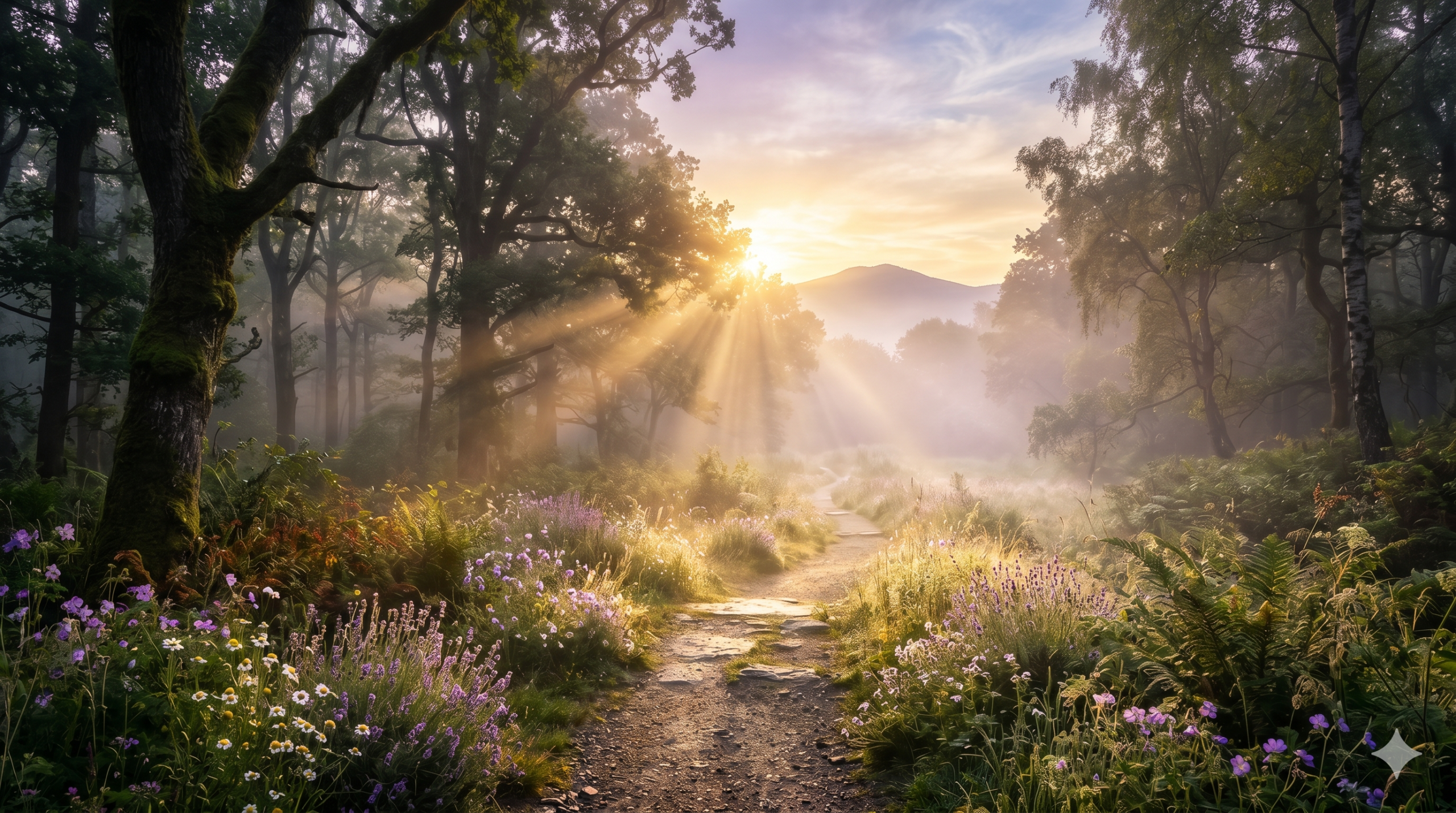 Pôr do sol com caminho iluminado — refúgio de paz e espiritualidade