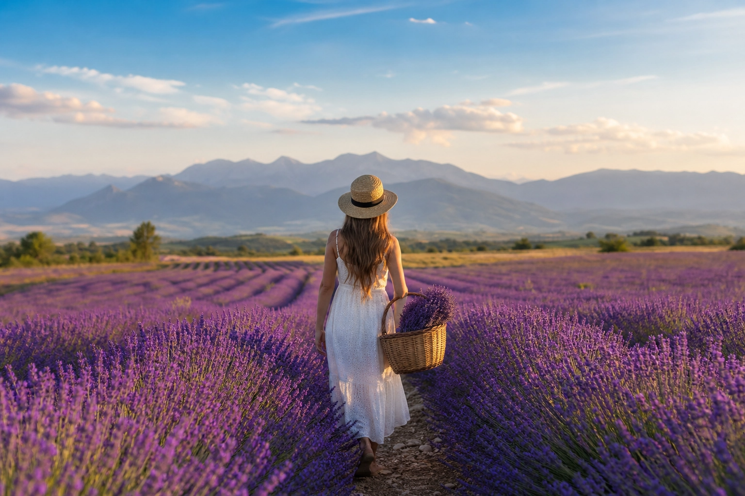 Sobre Mulher caminhando em campo de lavanda ao entardecer — paz e conexão com a natureza
