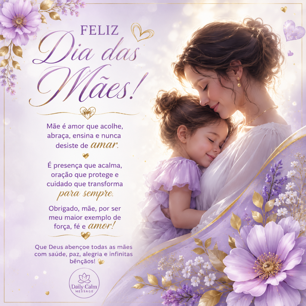 Uma mãe abraçando sua filha com ternura em uma cena iluminada e delicada, cercada por flores em tons lilás, branco e detalhes dourados. A imagem transmite amor, proteção, paz e gratidão no Dia das Mães, com estilo elegante e acolhedor para o perfil Daily Calm Message.