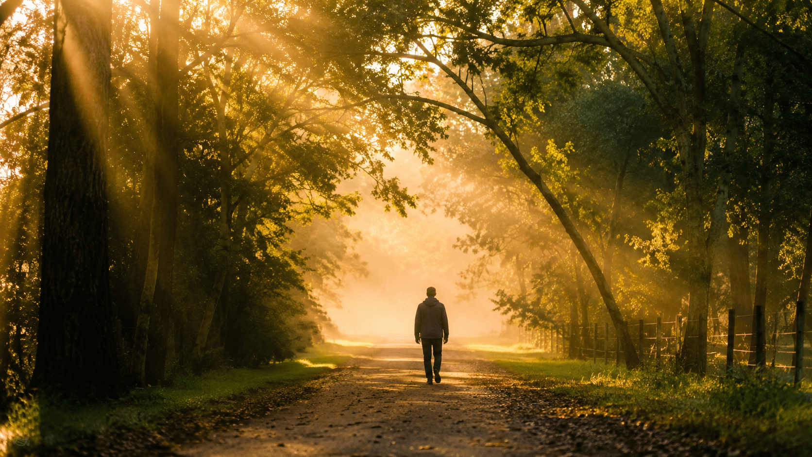 A Paz Começa Dentro de Você Homem caminhando em uma estrada tranquila ao amanhecer, simbolizando a jornada interior em busca da paz