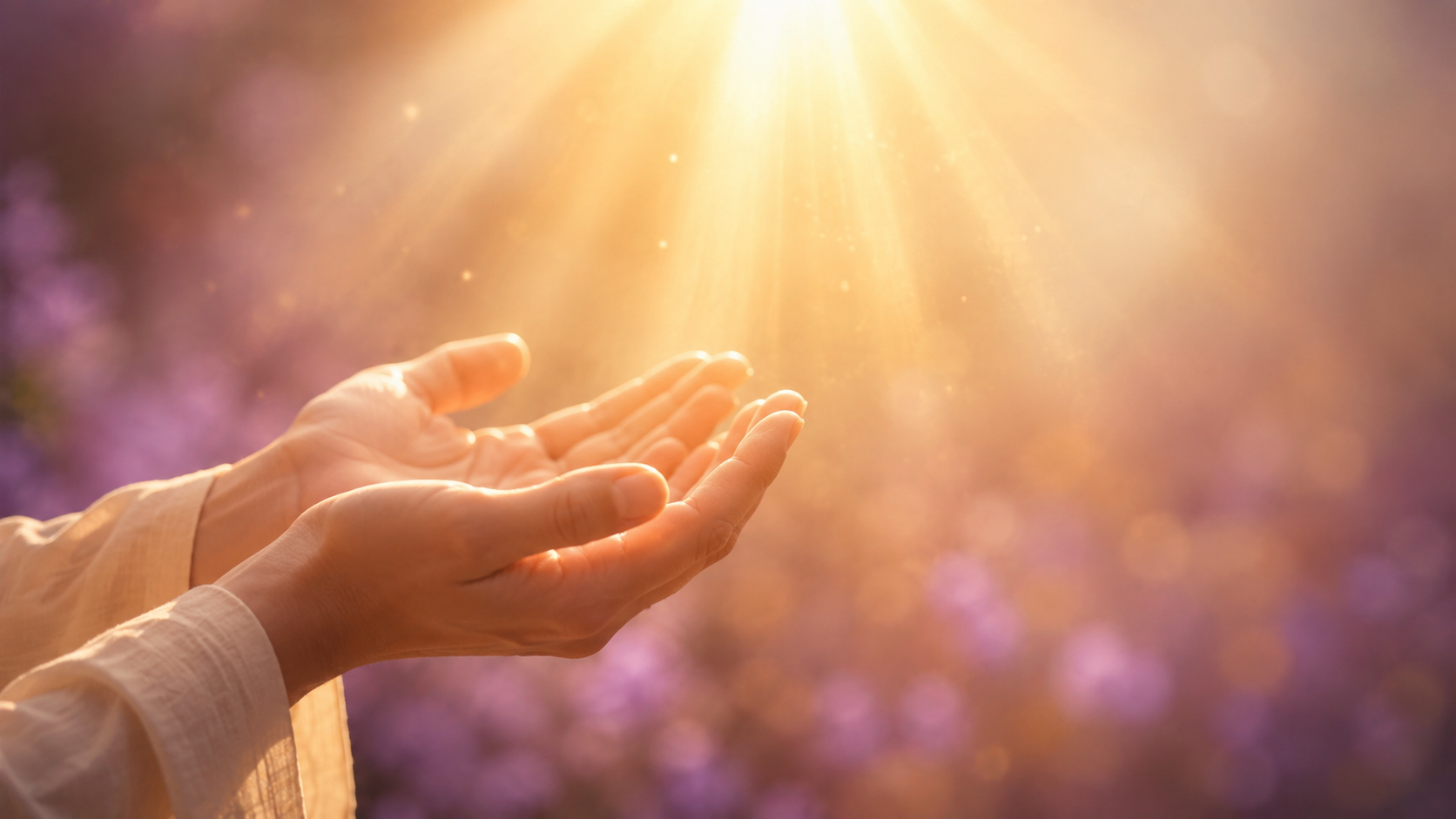 Mãos abertas recebendo luz dourada simbolizando acolhimento, fé e conexão no Daily Calm Message