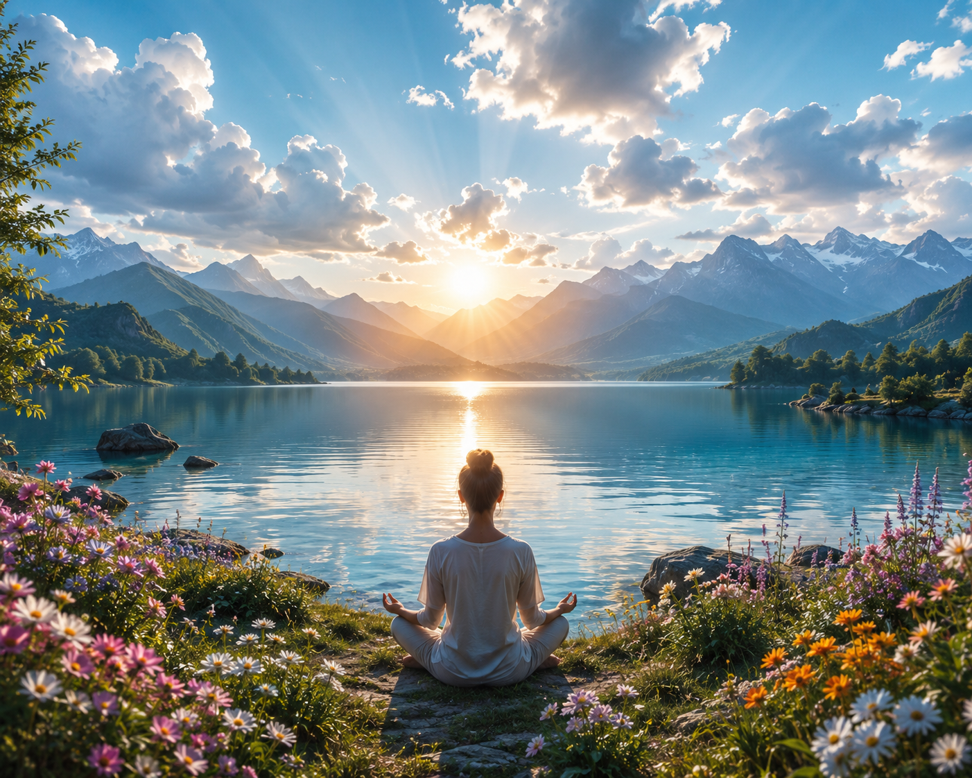 Pessoa meditando ao nascer do sol em meio à natureza — paz e reflexão interior