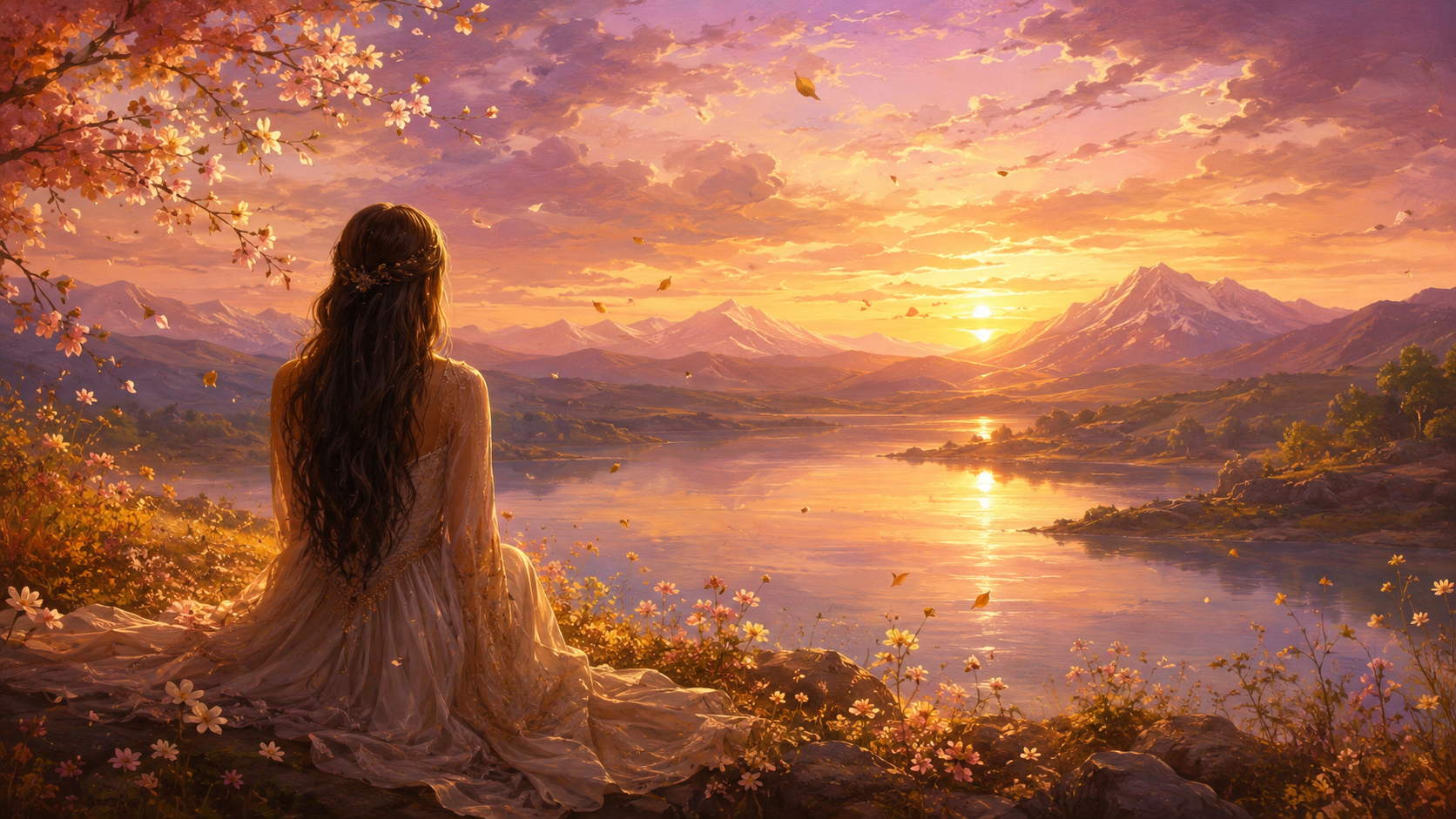 Mulher contemplando o horizonte ao pôr do sol, lago tranquilo refletindo luz dourada, nuvens em tons lilás e rosa, montanhas ao fundo