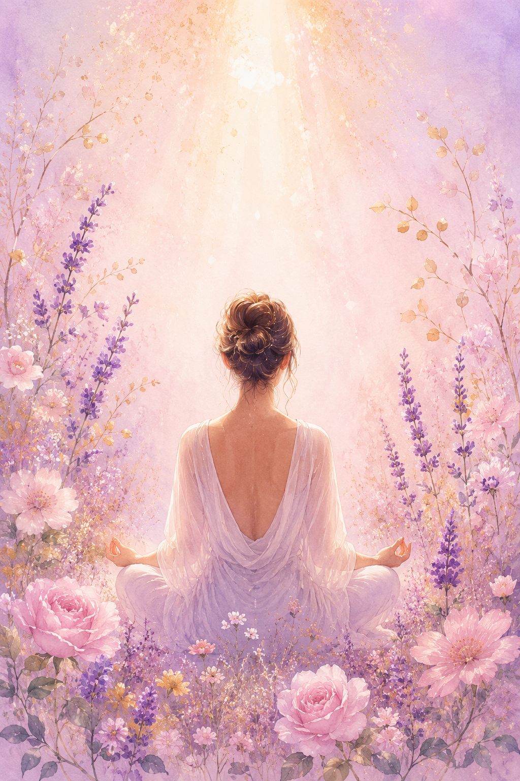 Mulher meditando entre flores lilás e rosas suaves — paz interior
