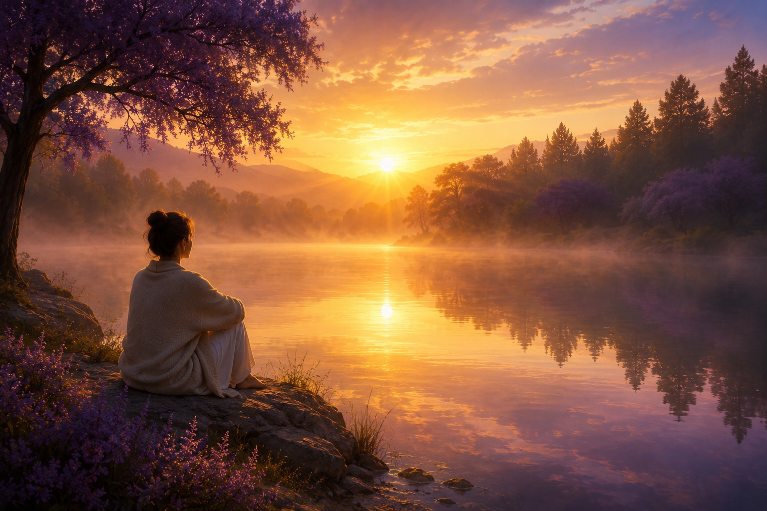 Paisagem serena ao amanhecer transmitindo paz, bem-estar e renovação espiritual
