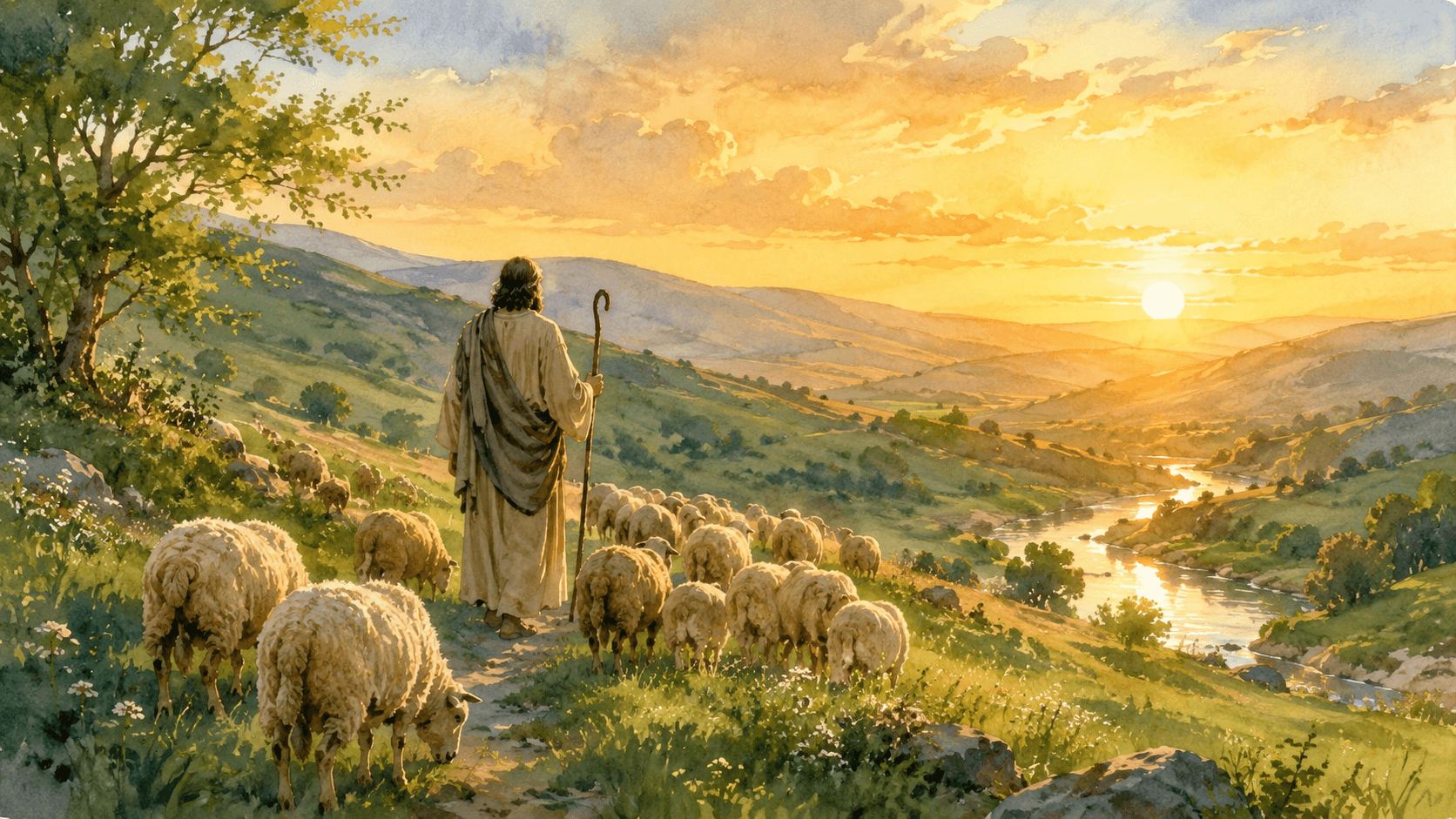 Salmo 23: Meditação Versículo a Versículo e Oração de Fé Pastor guiando ovelhas por campos verdes ao entardecer, representando a proteção divina do Salmo 23