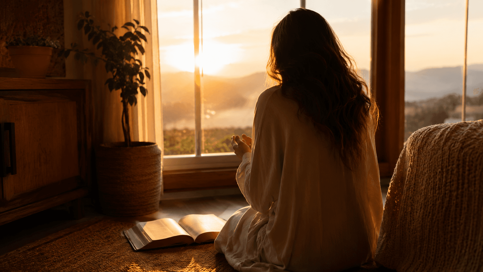 Mulher em oração contemplando a luz divina — Salmo 34 reflexão espiritual