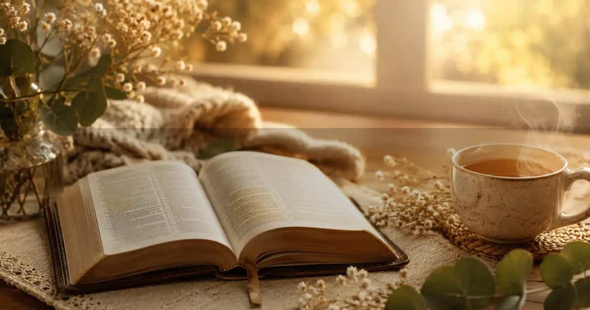 Início Bíblia aberta com xícara de chá — Seja bem-vindo ao seu refúgio de paz