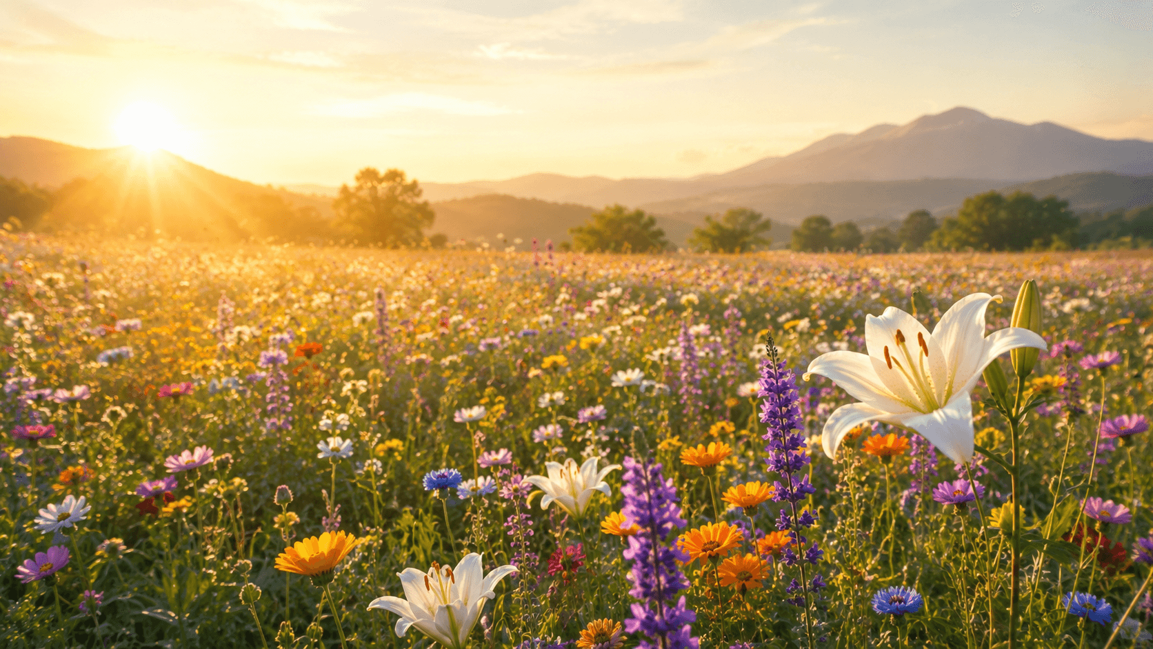 Campo de flores silvestres com luz dourada — considere os lírios do campo