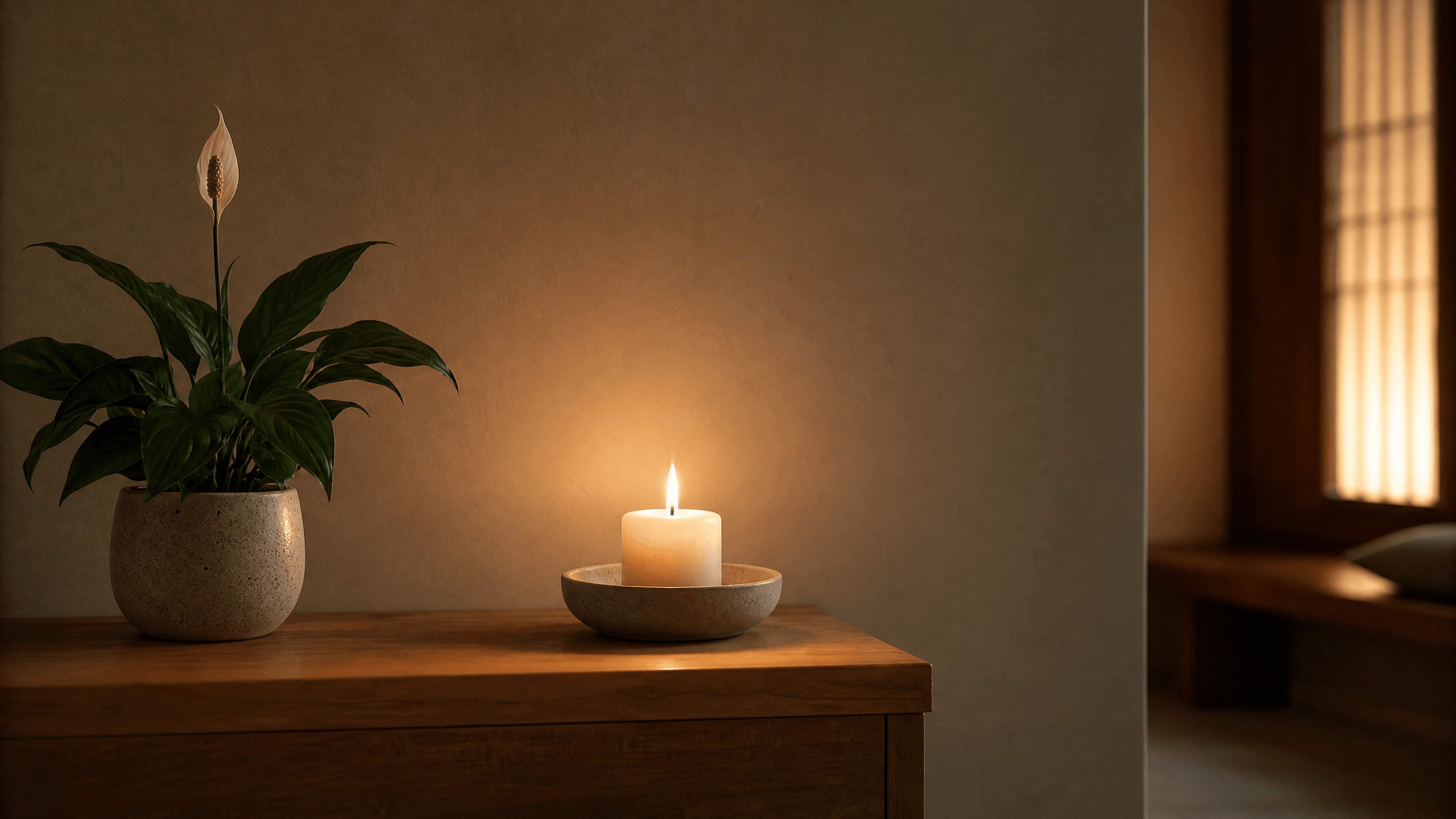 Cantinho de oração sereno com vela, planta e luz tênue para momento devocional