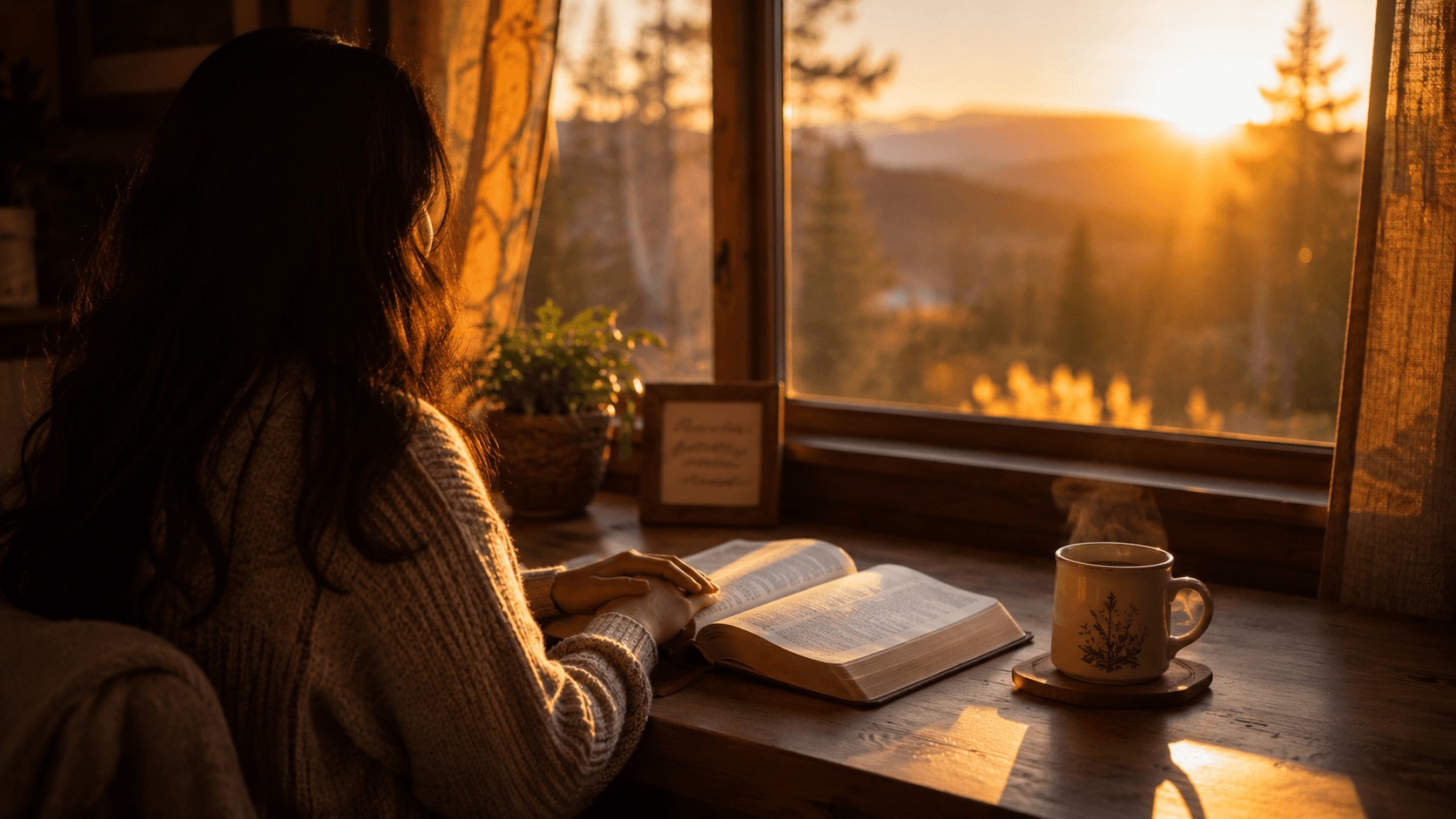 Mulher em contemplação e meditação com Bíblia aberta à luz da janela ao amanhecer