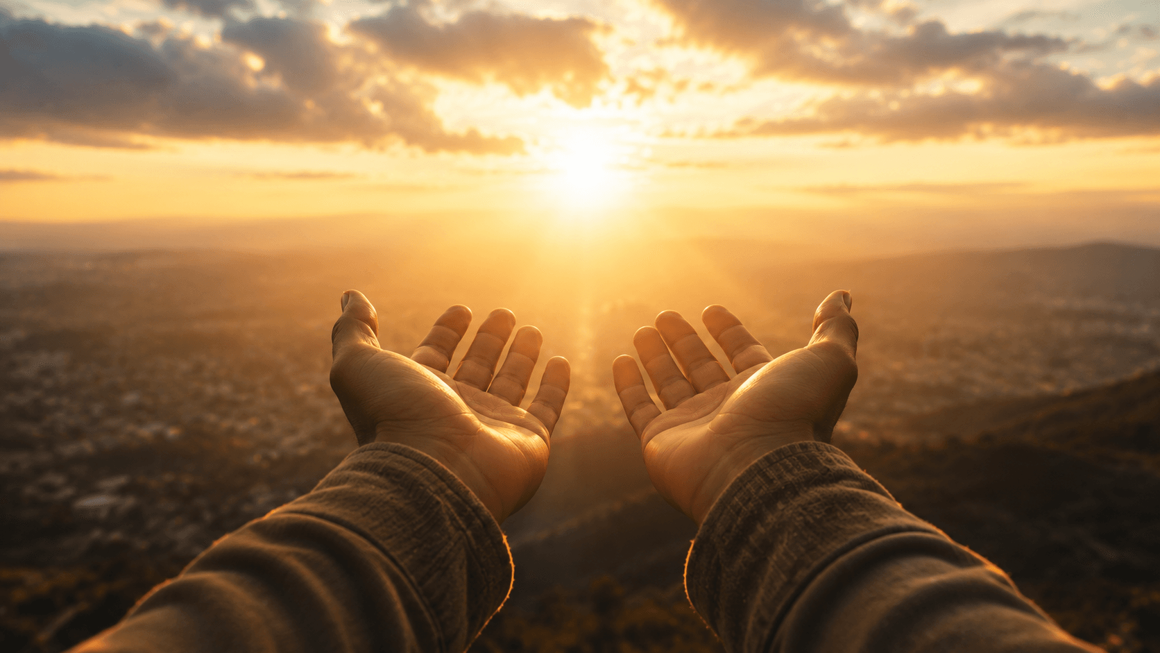 Mãos abertas recebendo luz solar suave — entrega e gratidão