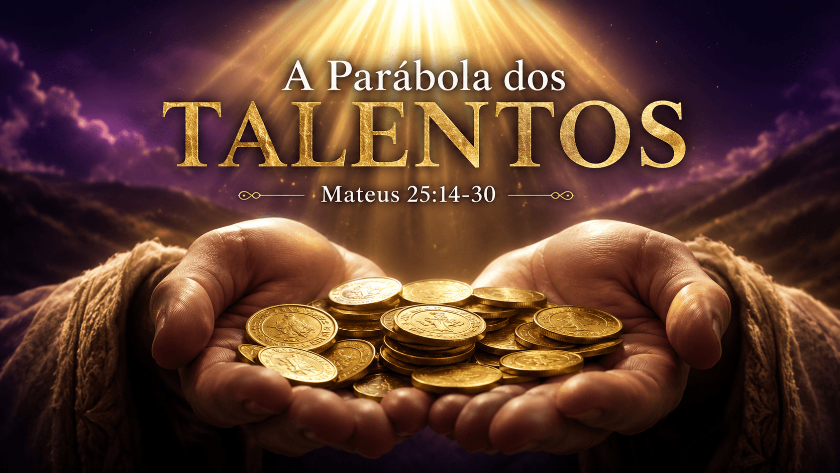 Mãos abertas segurando moedas douradas com luz celestial representando os talentos confiados por Deus na parábola de Mateus 25