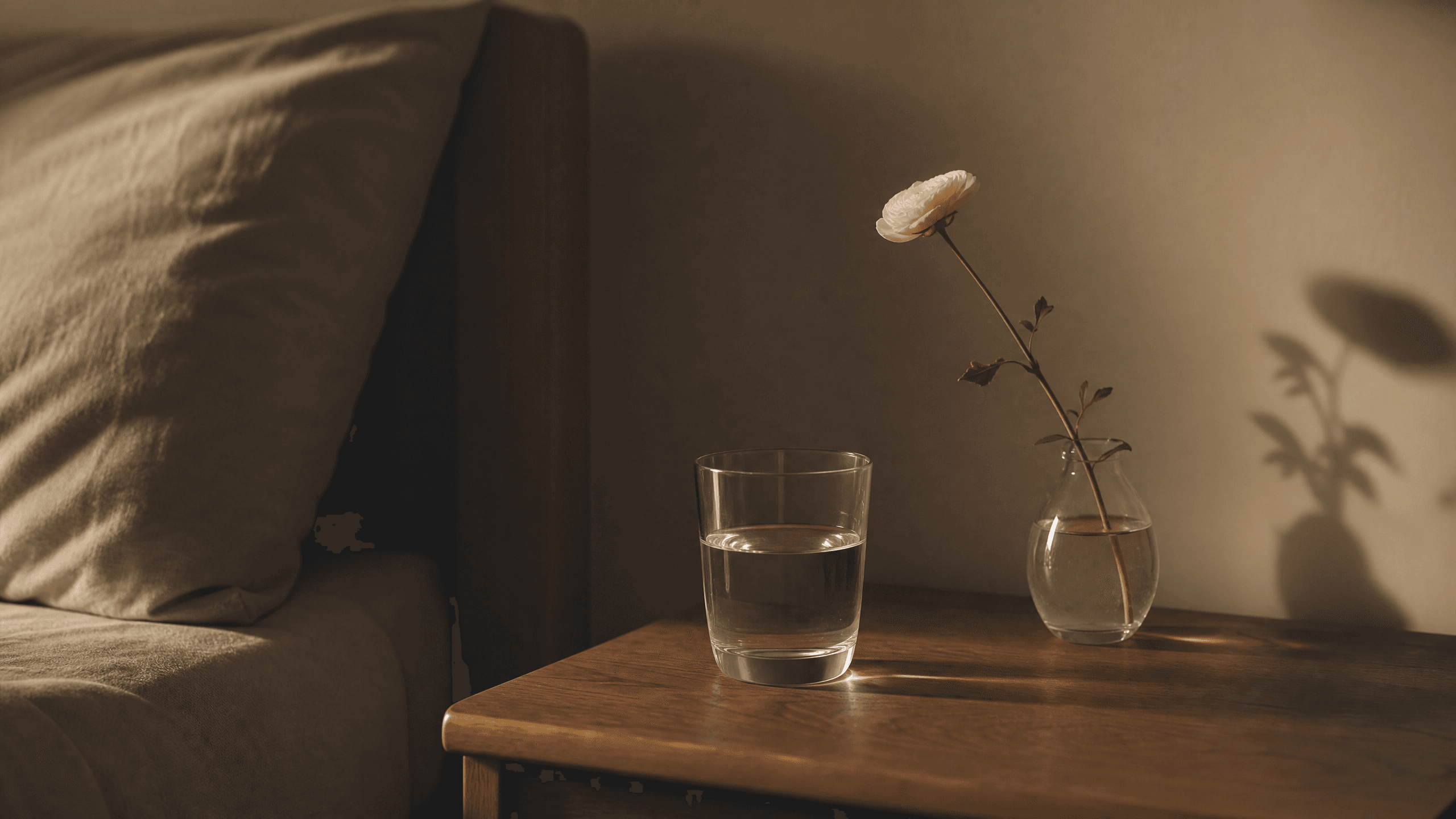 Mesa de cabeceira com copo de água e flor simples em ambiente de quietude e espiritualidade para o ritual noturno