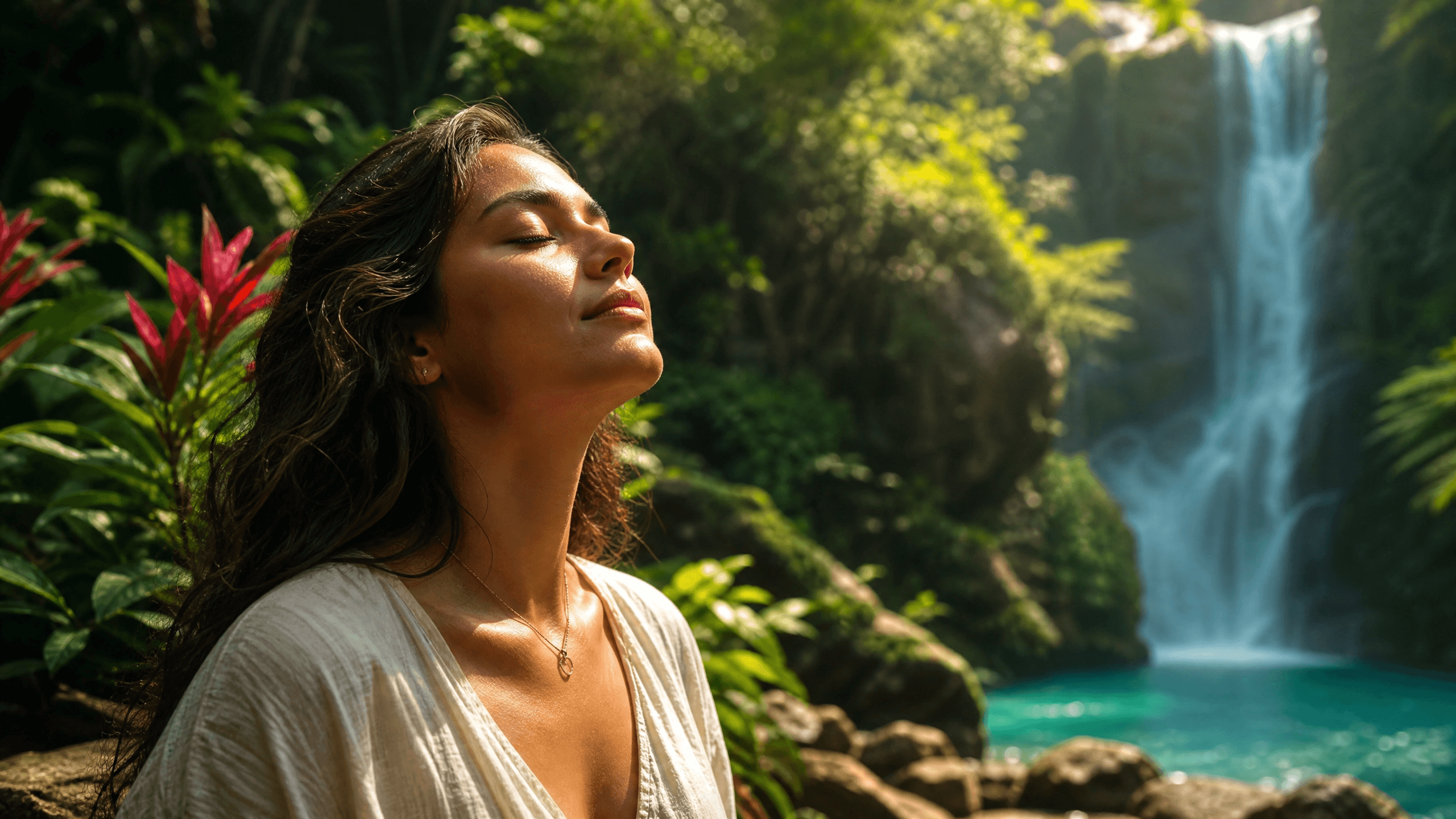 Mulher de olhos fechados em paz na natureza — entrega e confiança em Deus