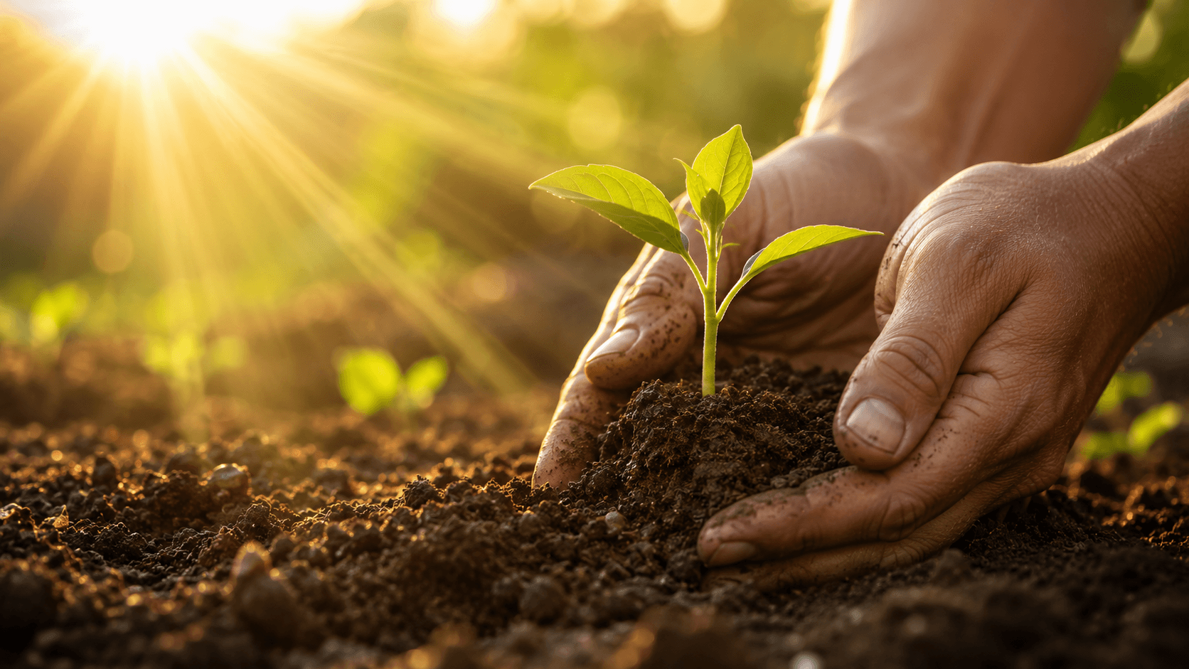 Mãos plantando uma semente em terra fértil com luz suave representando cultivar os dons e talentos recebidos de Deus