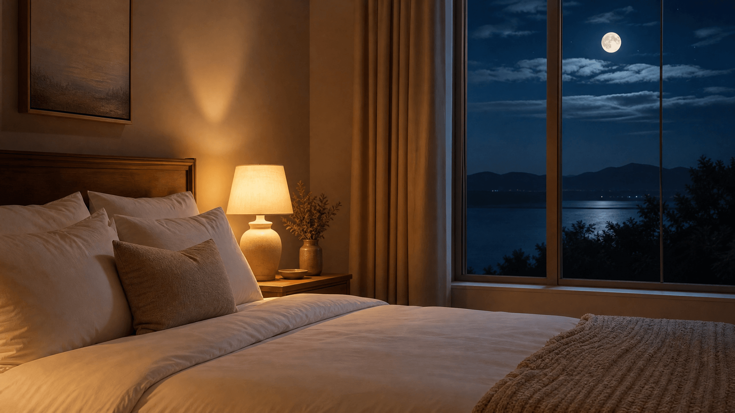 Quarto sereno e iluminado com luz dourada suave representando paz e descanso espiritual do Salmo 4
