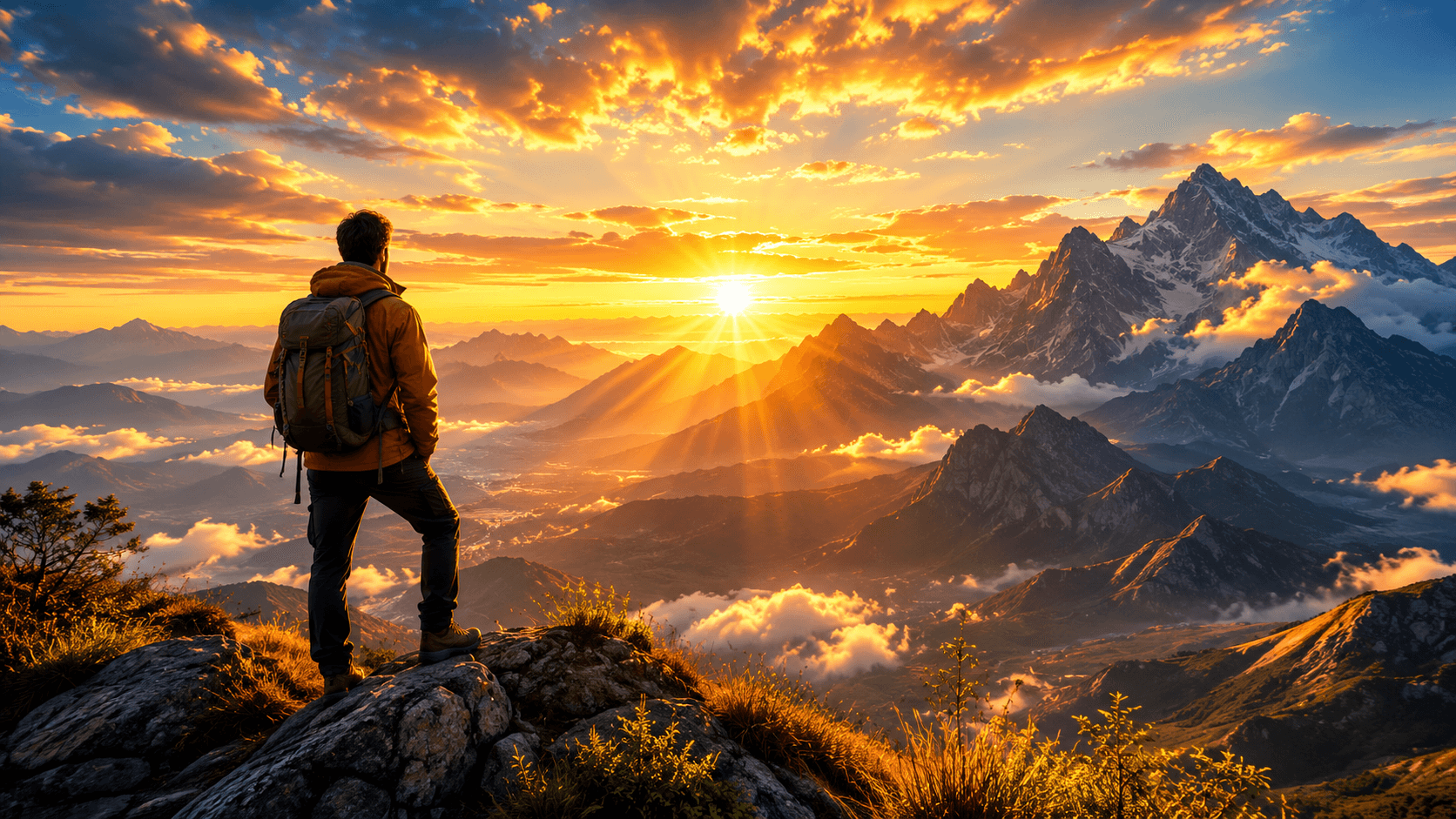 Peregrino no topo da montanha contemplando o nascer do sol dourado entre as montanhas, representando o socorro de Deus no Salmo 121