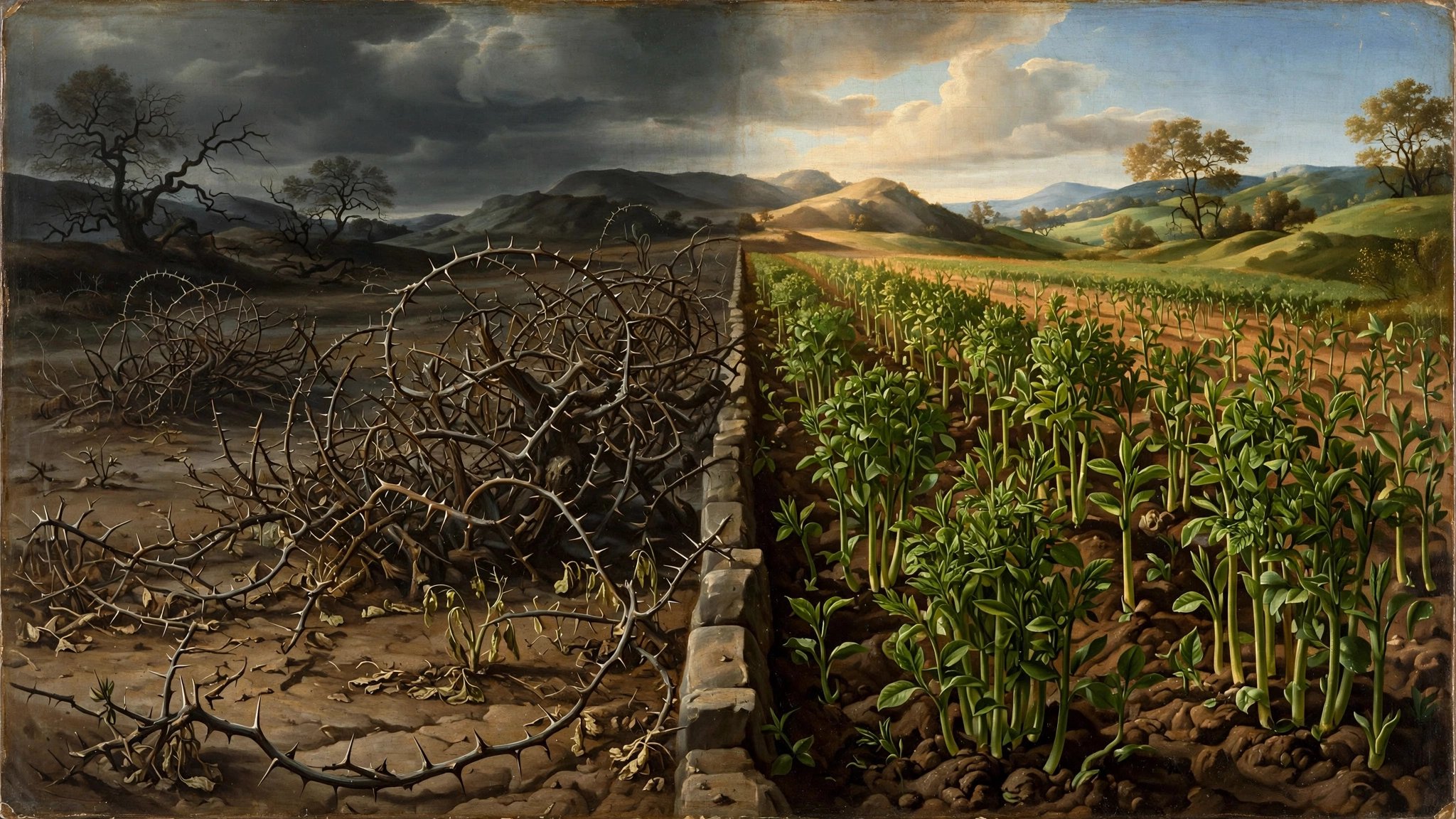 Campo dividido entre espinheiros secos e terra fértil com brotos verdes, representando a virada para a boa terra