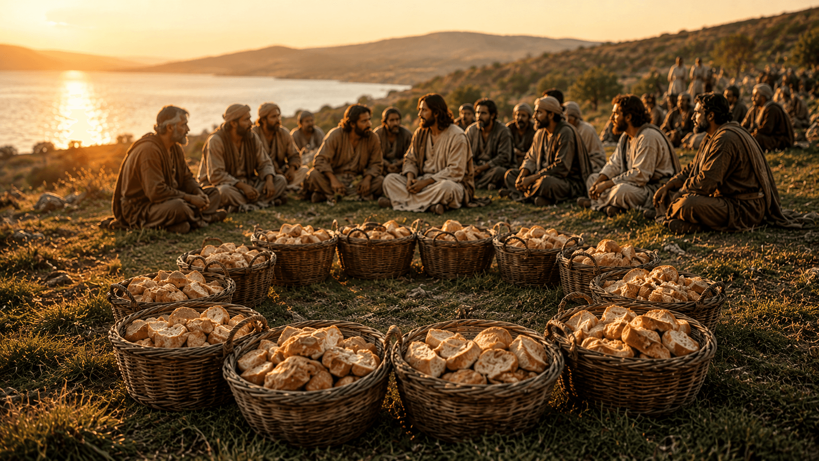 Doze cestas cheias de pães sobrando em círculo sobre a relva ao entardecer