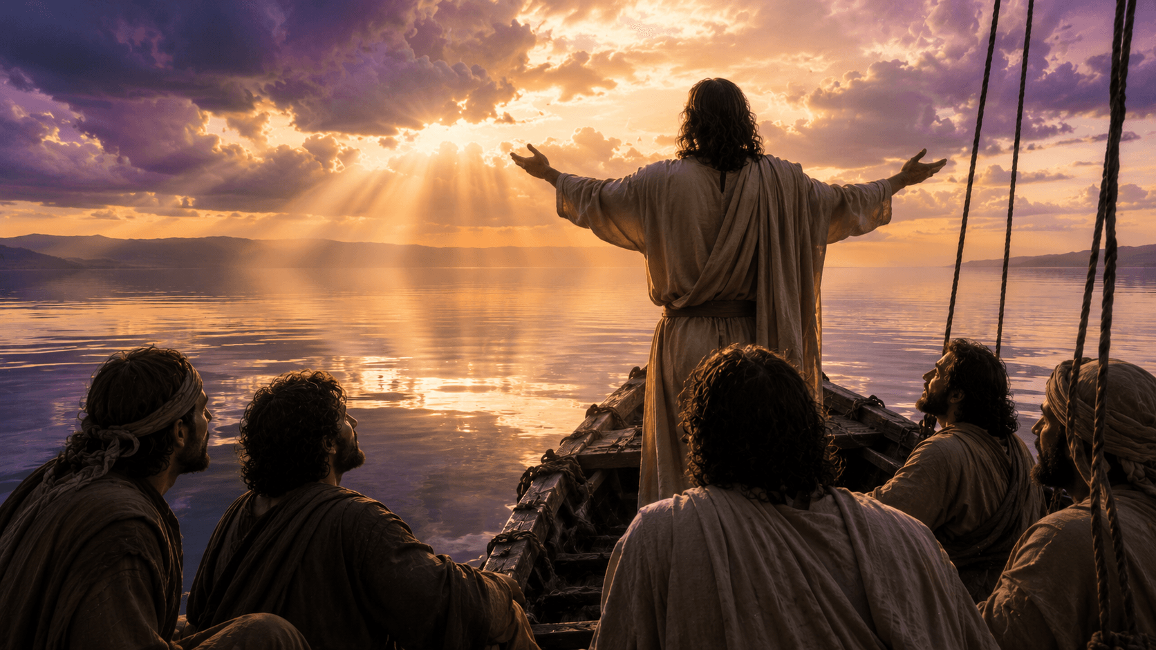 Jesus de pé no barco com braços estendidos sobre o mar calmo, luz dourada rompendo as nuvens
