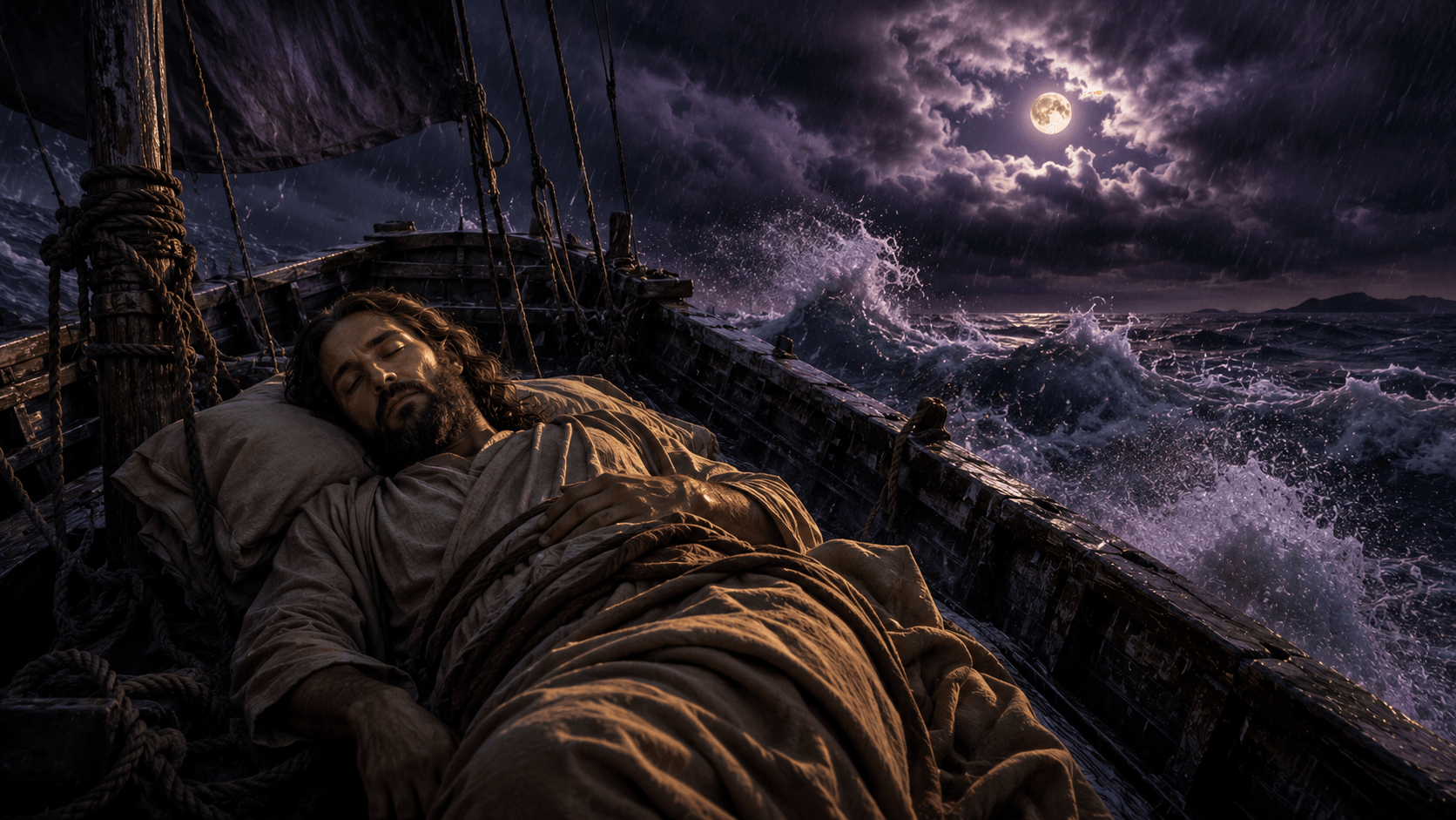 Jesus dormindo tranquilamente na popa do barco em meio à tempestade