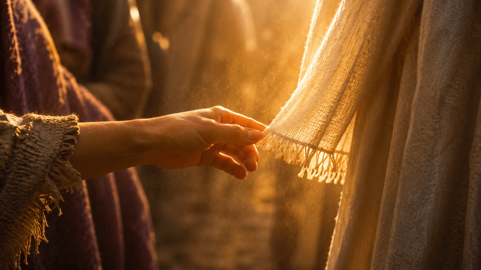 Close-up de mão feminina tocando a barra franjada de um manto iluminado por luz dourada