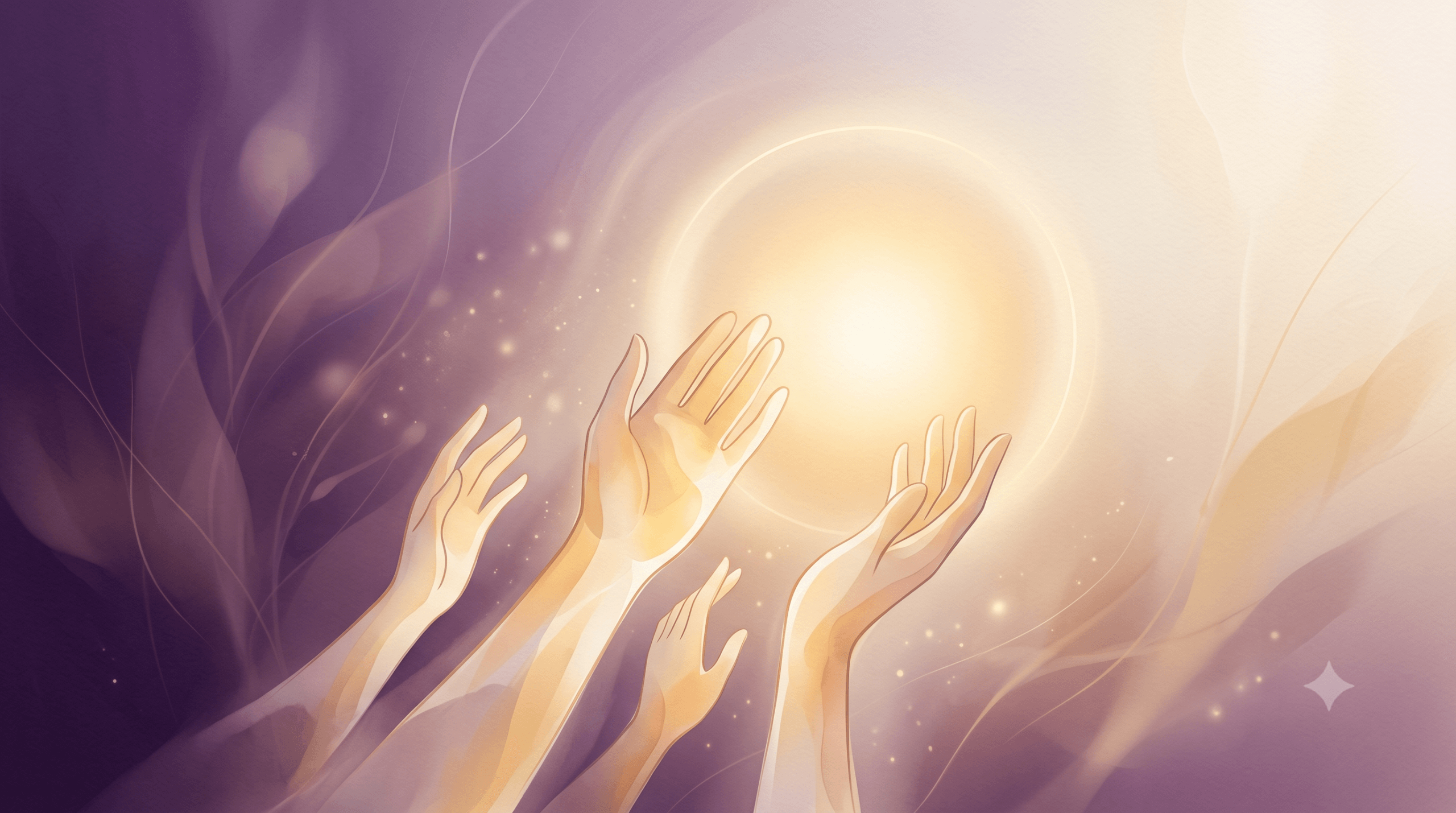 Mãos erguidas em oração recebendo luz dourada, simbolizando fé e esperança