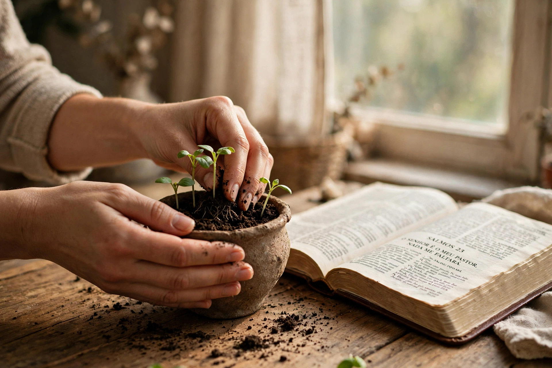 Mãos plantando mudas em um vaso de terra ao lado de uma Bíblia aberta, representando o cultivo diário da fé