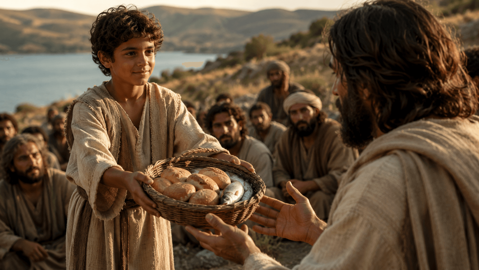 Menino hebreu oferecendo cesta de pães e peixes a um discípulo de Jesus