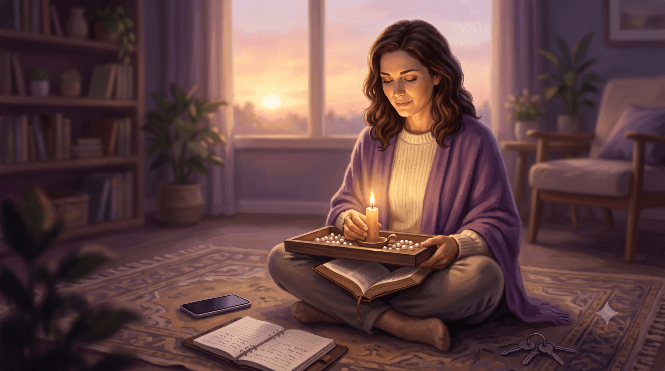 Mulher refletindo sobre prioridades em ambiente acolhedor