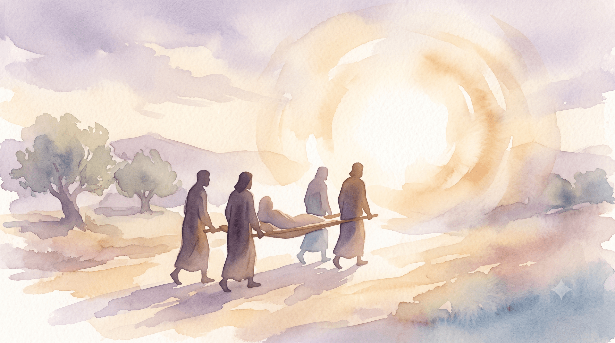 Ilustração de quatro amigos carregando um homem paralítico em direção à luz, representando o milagre de Marcos 2