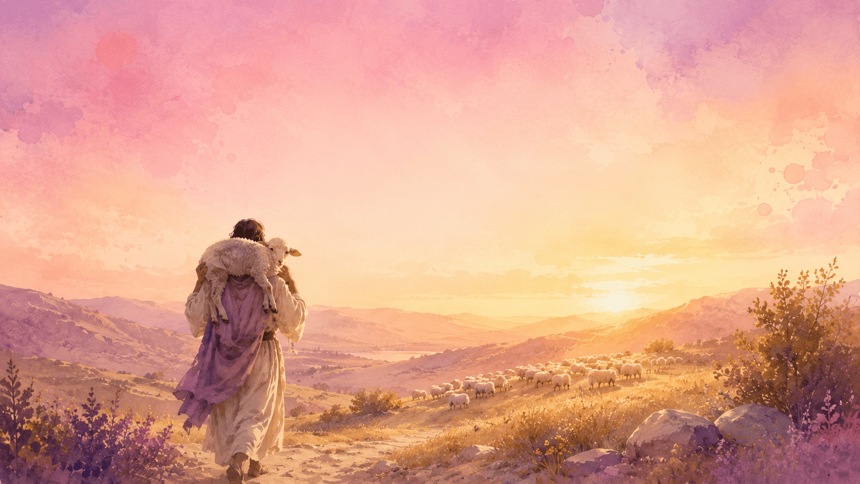 Pastor carregando gentilmente uma ovelha nos ombros ao entardecer