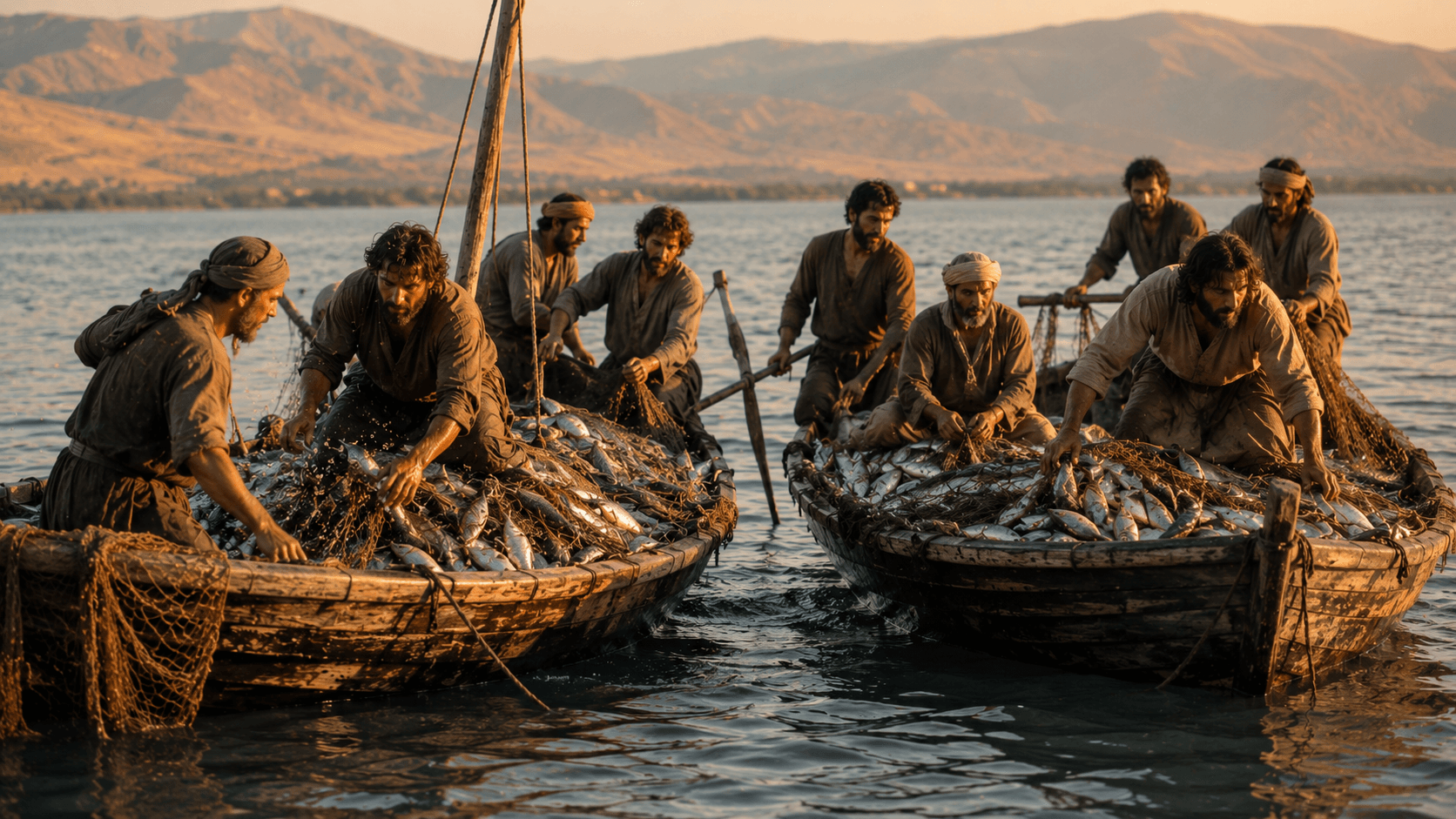Dois barcos de pesca carregados navegando próximos um do outro