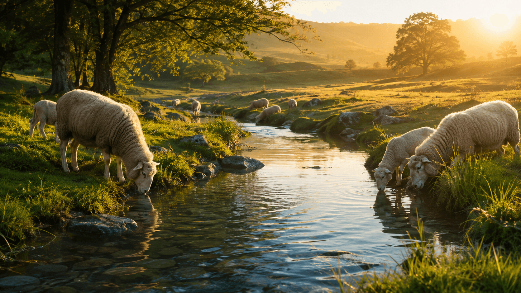 Salmo 23: Meditação Versículo a Versículo e Oração de Fé Riacho calmo e cristalino em campo verdejante, luz suave da manhã