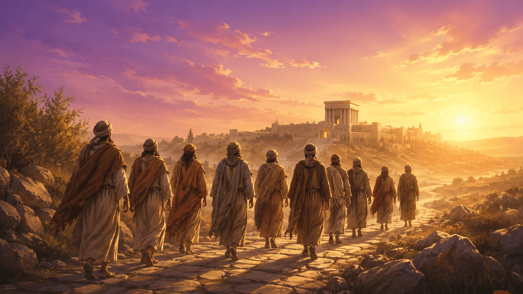 Dez homens caminhando de costas por uma estrada de terra em direção ao templo, luz suave ao fundo