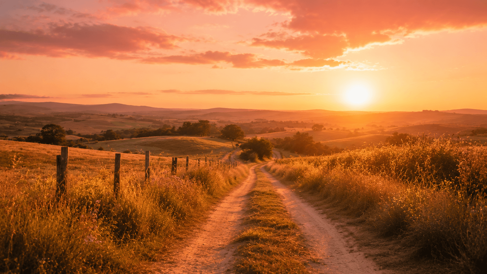 Salmo 23: Meditação Versículo a Versículo e Oração de Fé Caminho de terra em campo dourado ao pôr do sol, atmosfera serena