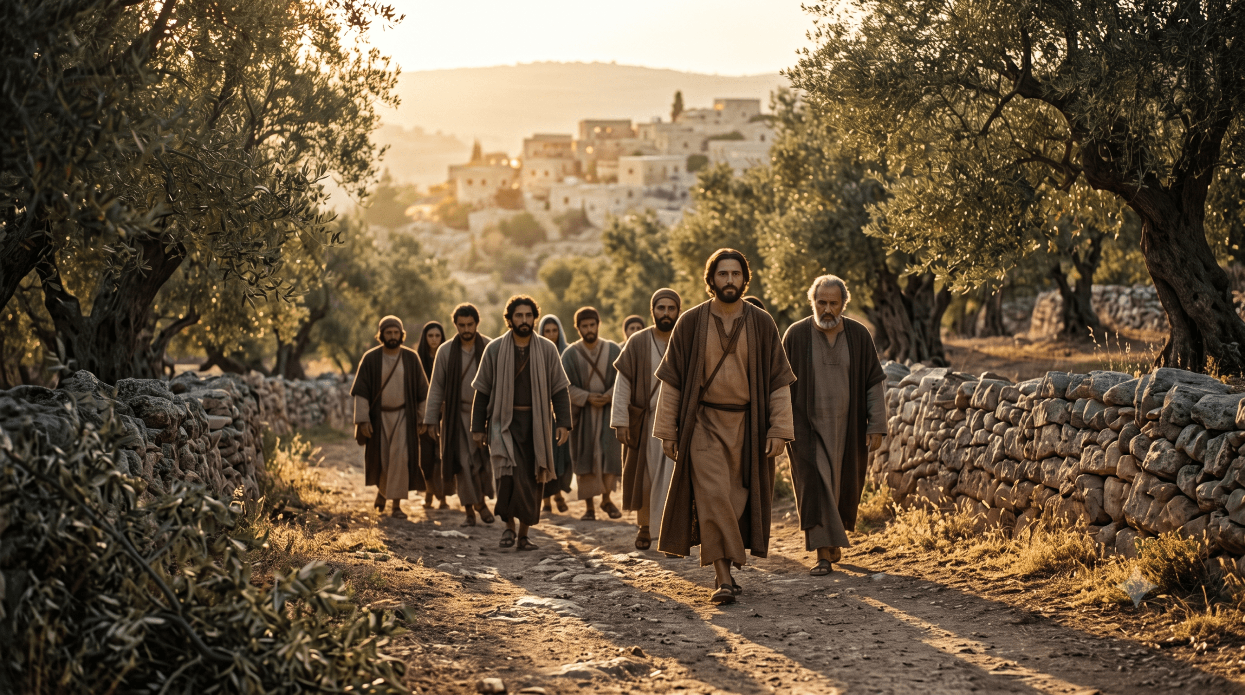 Jesus caminhando com os discípulos rumo a Betânia ao entardecer