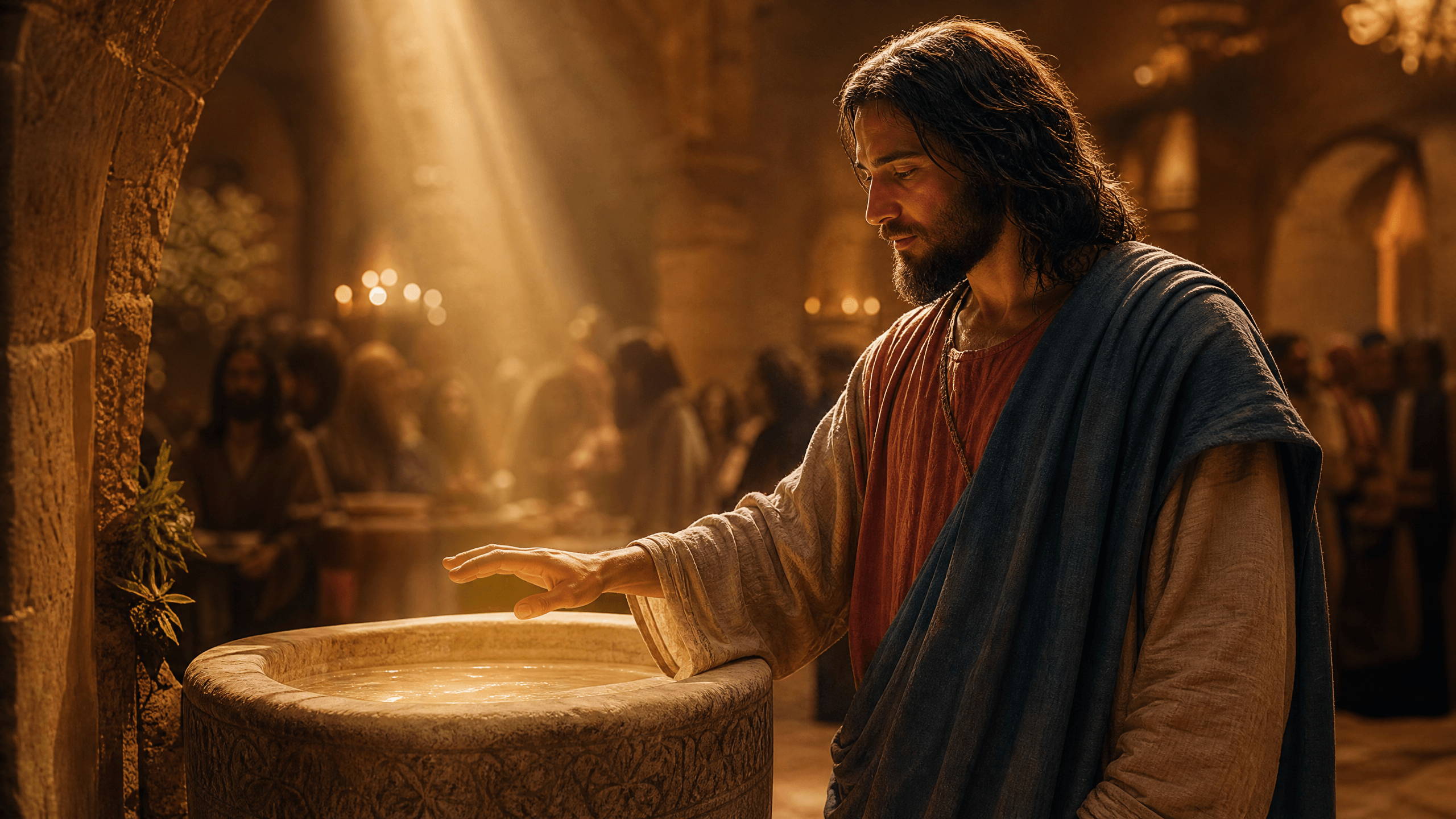 Jesus Cristo com a mão estendida sobre uma talha de pedra em um casamento antigo em Caná