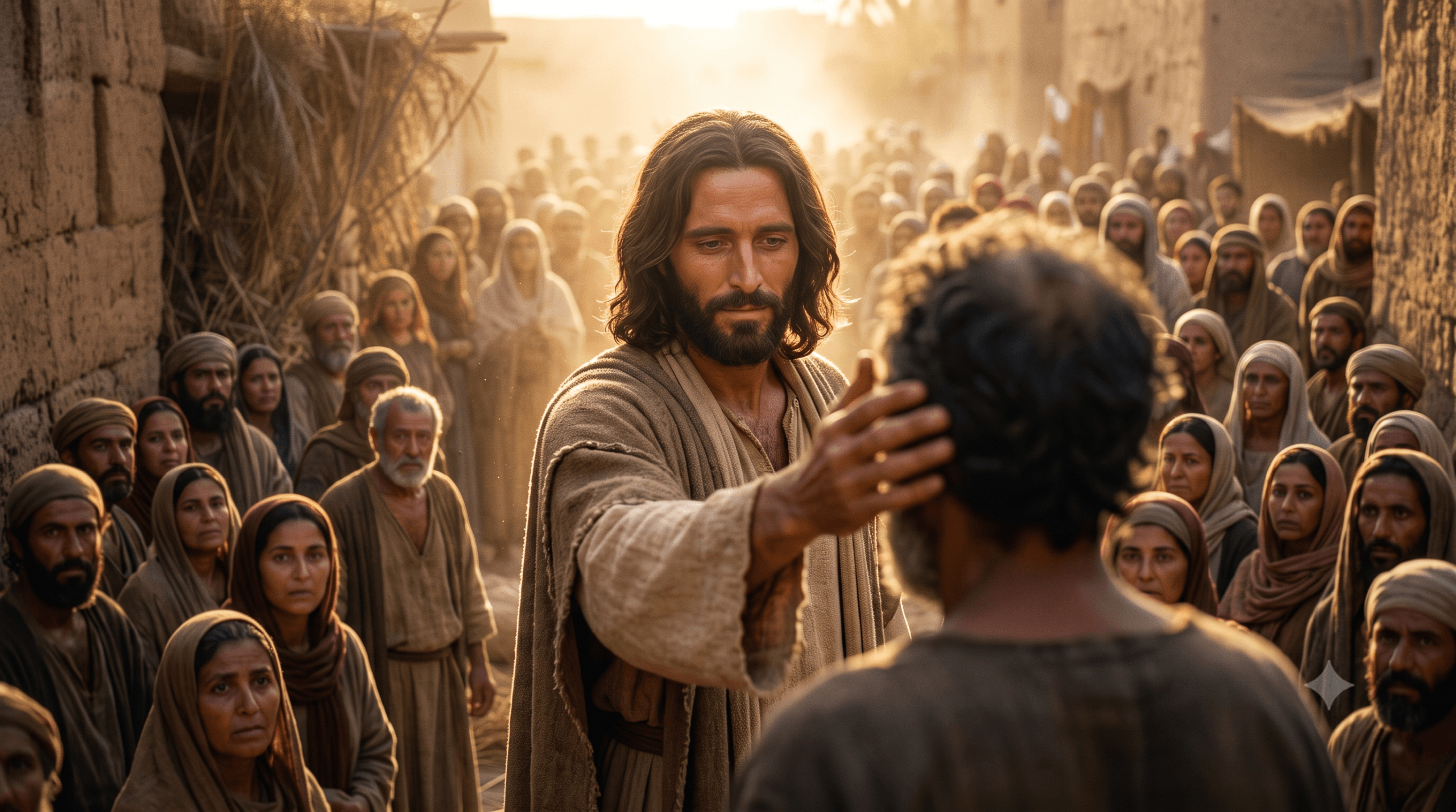 Jesus tocando com ternura o rosto de Bartimeu em meio à multidão