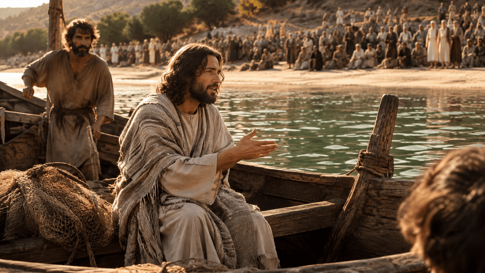 Jesus ensinando a multidão a partir de um barco de pesca