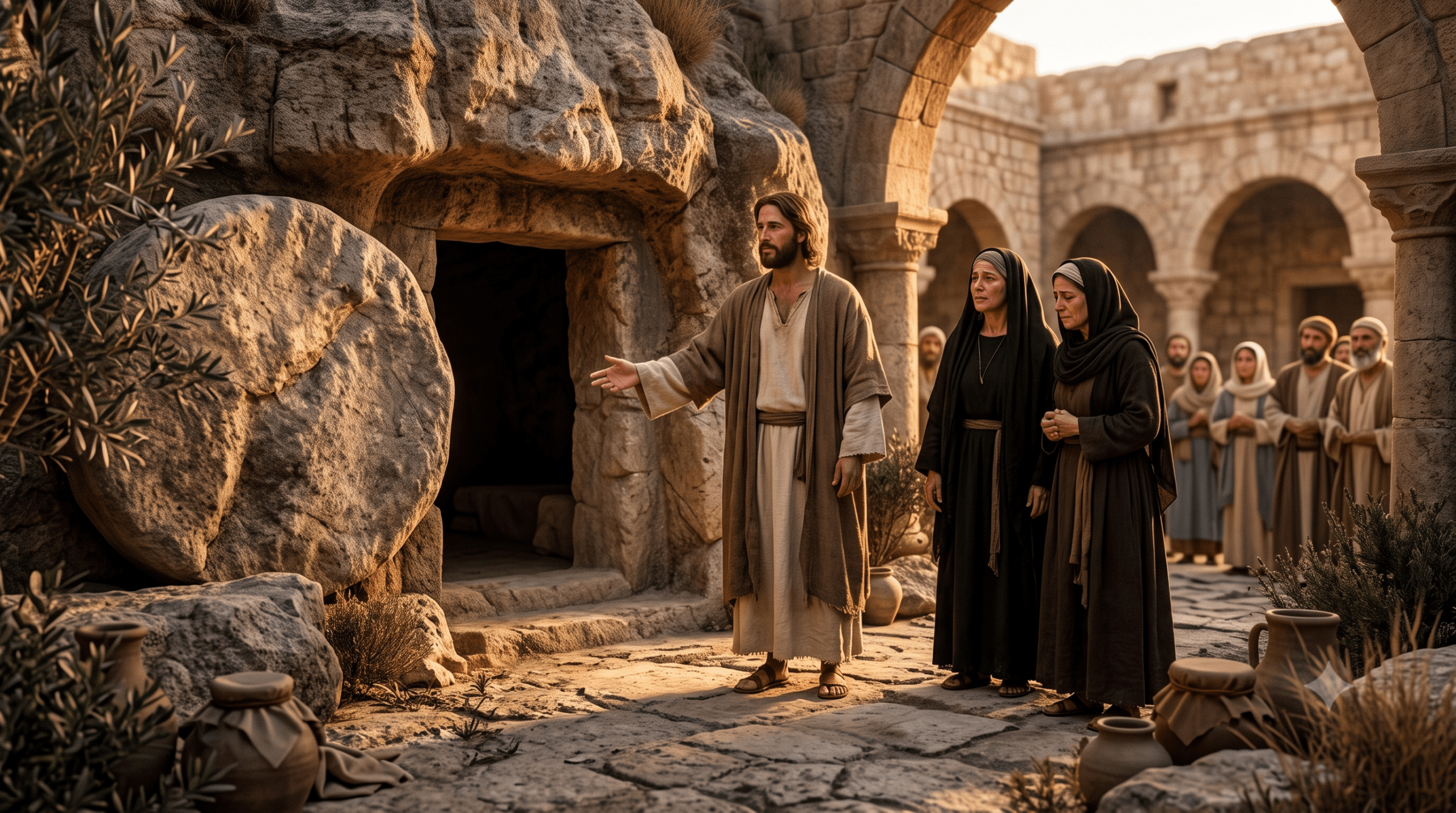 Jesus diante da entrada da tumba de Lázaro em Betânia