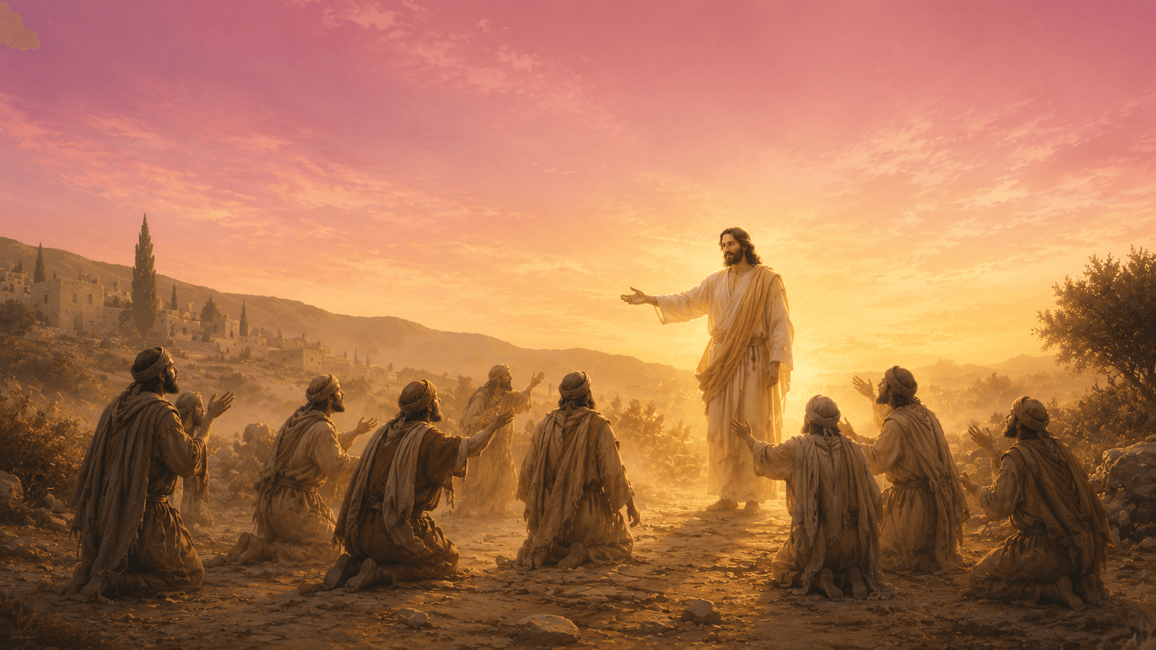 Jesus estendendo a mão em direção a dez homens leprosos em uma estrada, luz dourada ao fundo