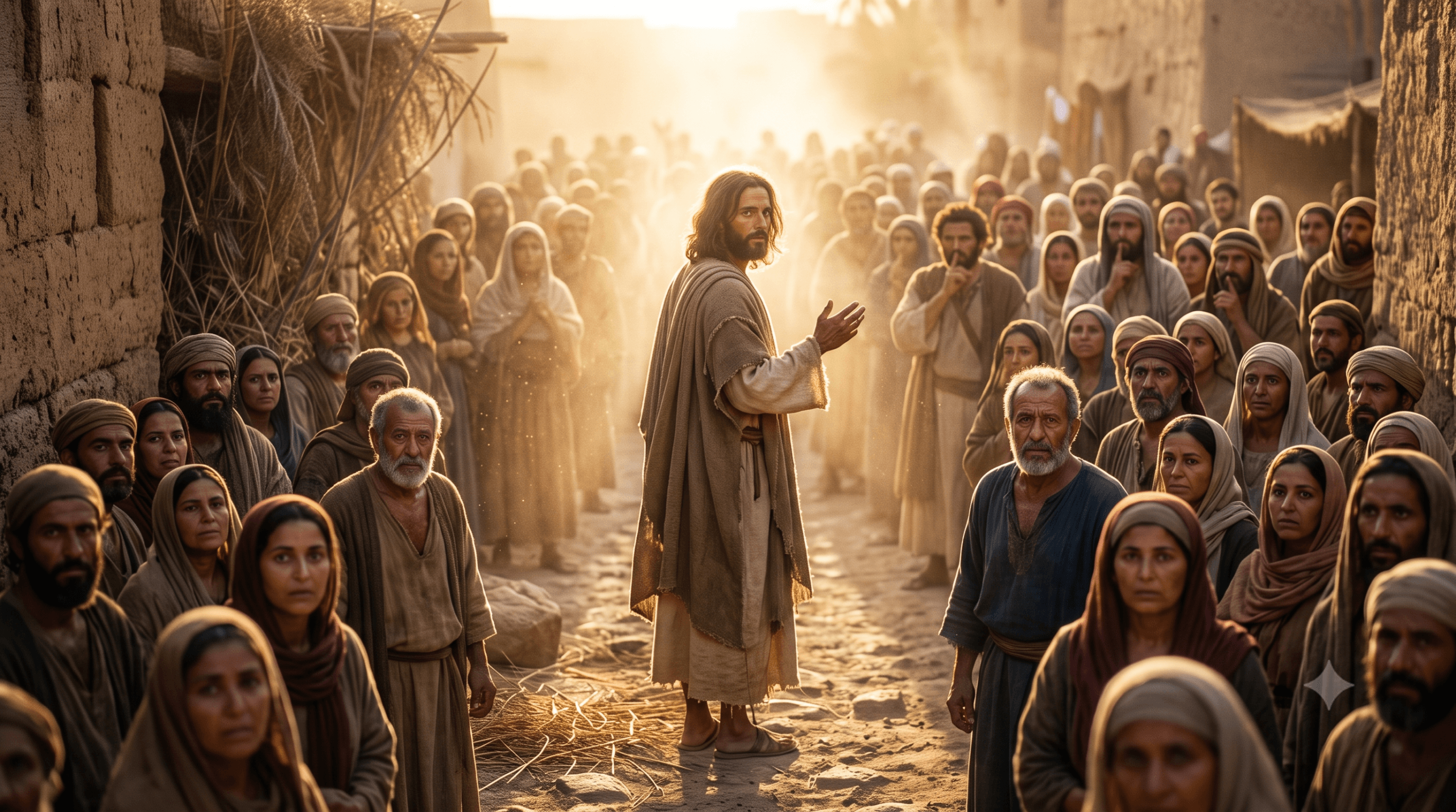 Jesus parado no meio do caminho empoeirado, se virando em direção à multidão, luz dourada ao fundo
