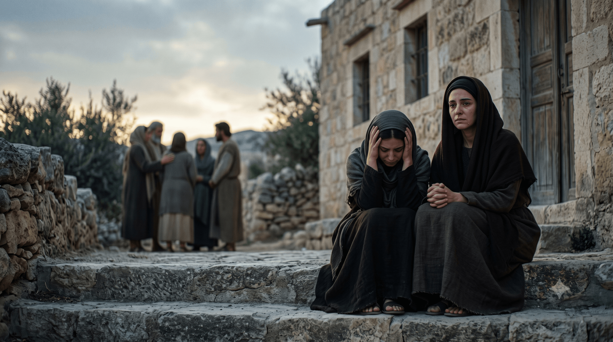 Marta e Maria de luto diante da casa em Betânia