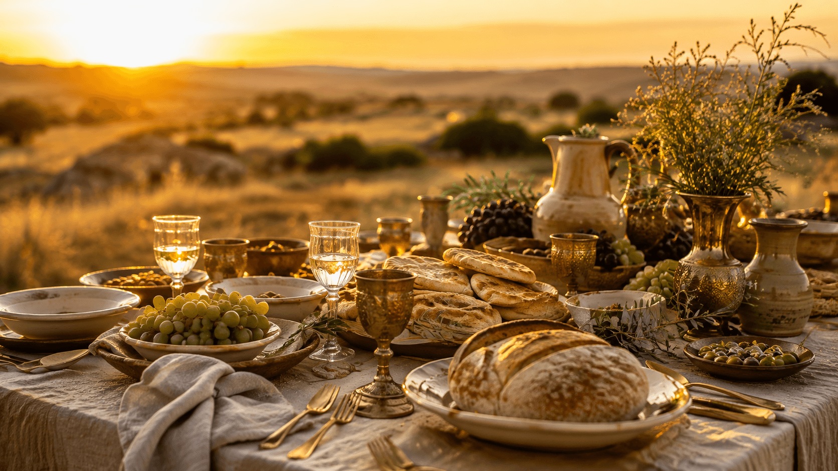 Salmo 23: Meditação Versículo a Versículo e Oração de Fé Mesa farta preparada ao ar livre com taças e pão, luz dourada do entardecer