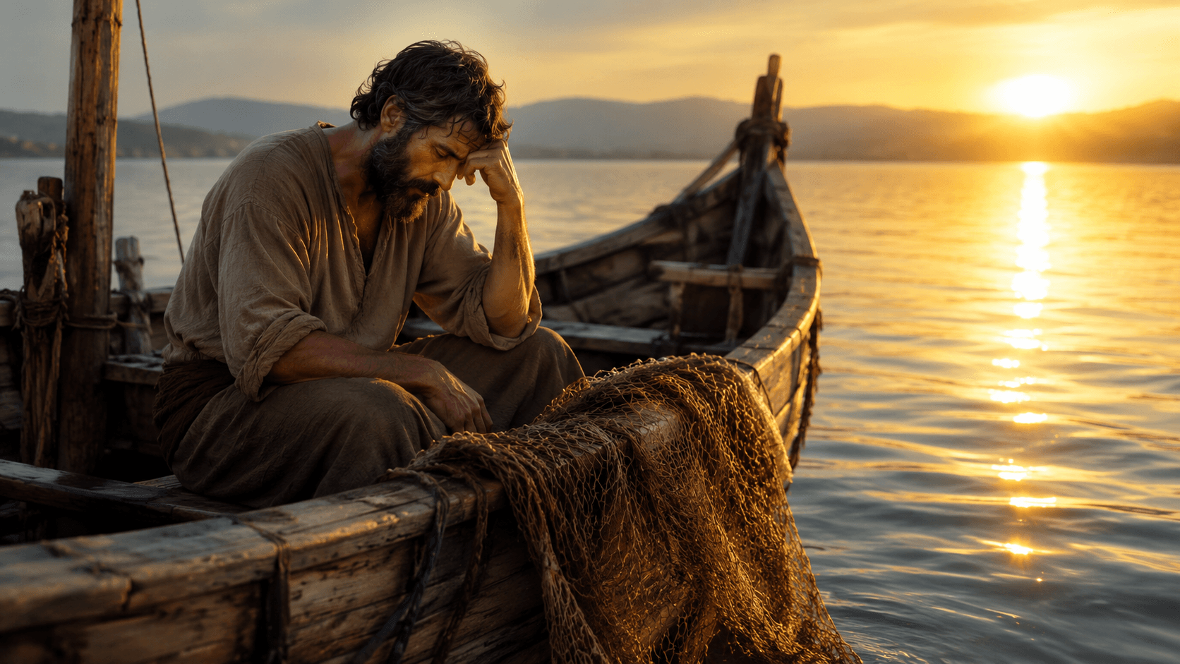 Pescador cansado em um barco ao amanhecer no Mar da Galileia
