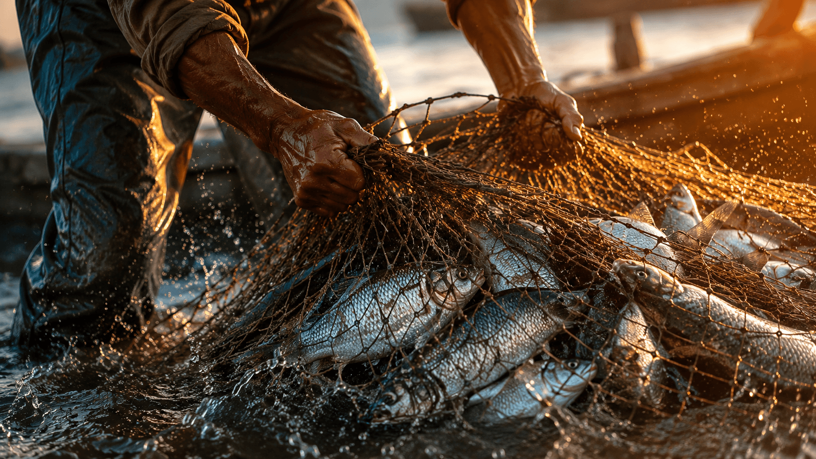 Rede de pesca completamente cheia de peixes sendo puxada da água