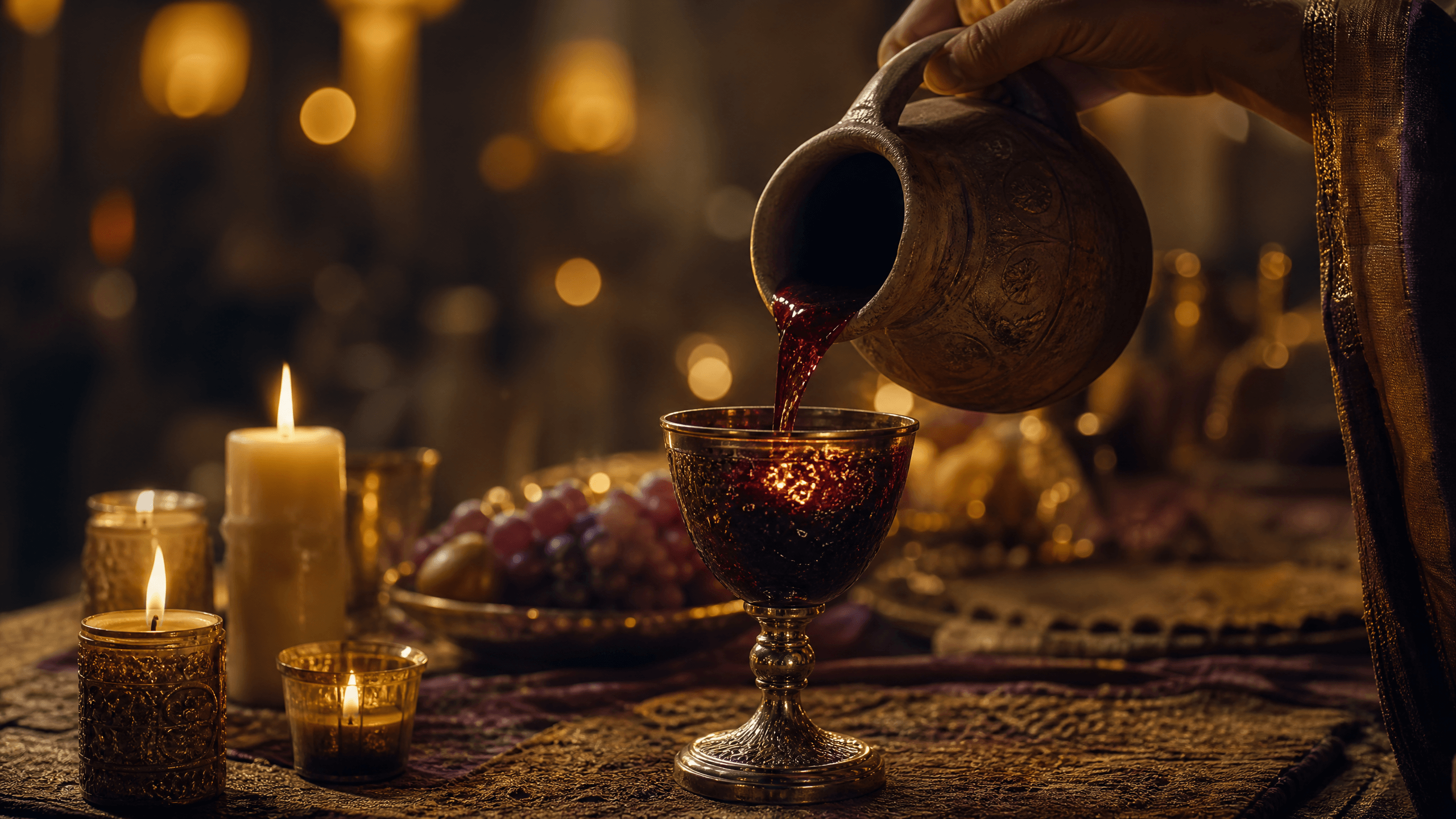 Taça de vinho tinto sendo servida à luz de velas com reflexo dourado