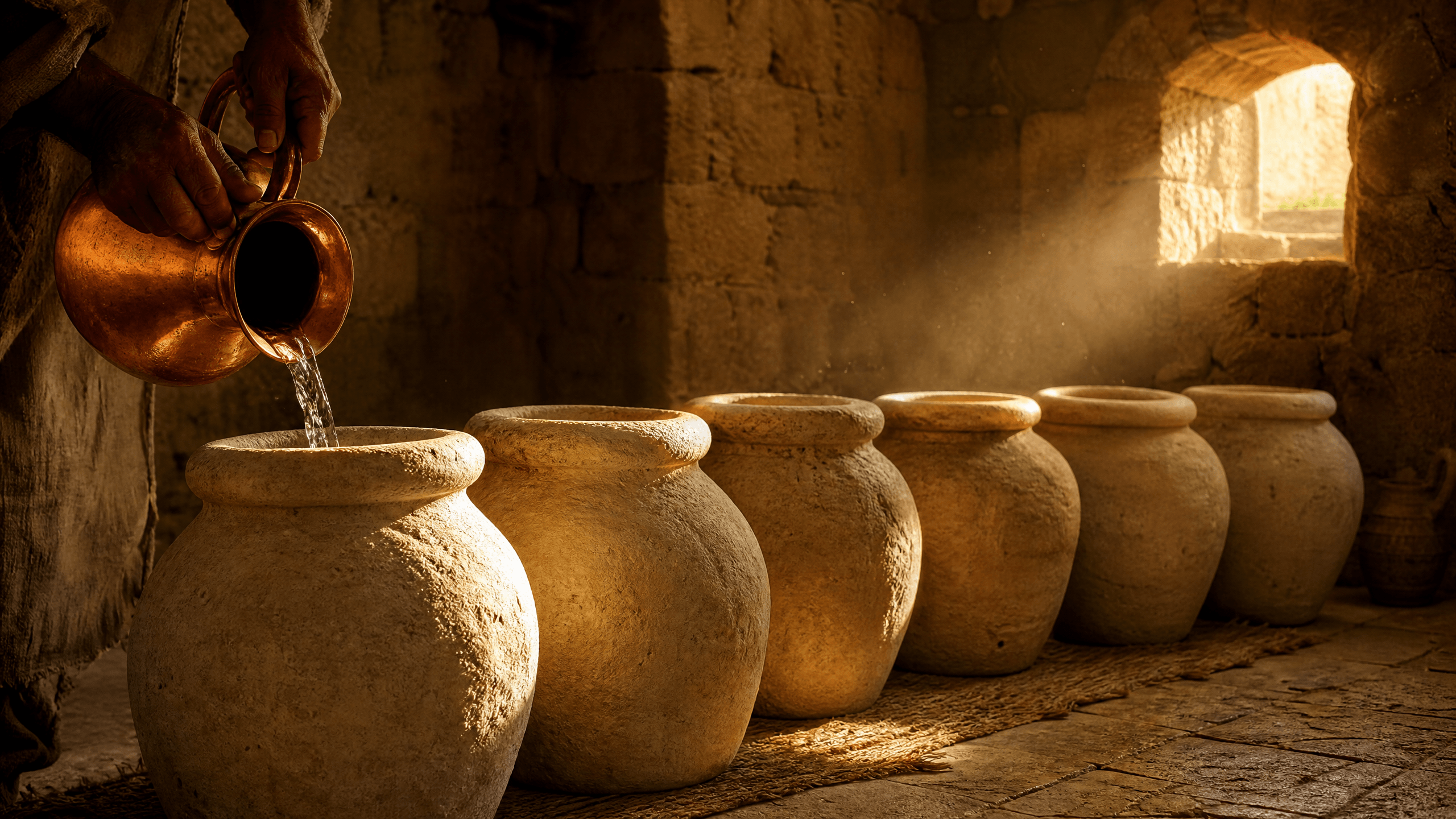 Talhas de pedra da purificação judaica com água sendo derramada, luz suave de fim de tarde